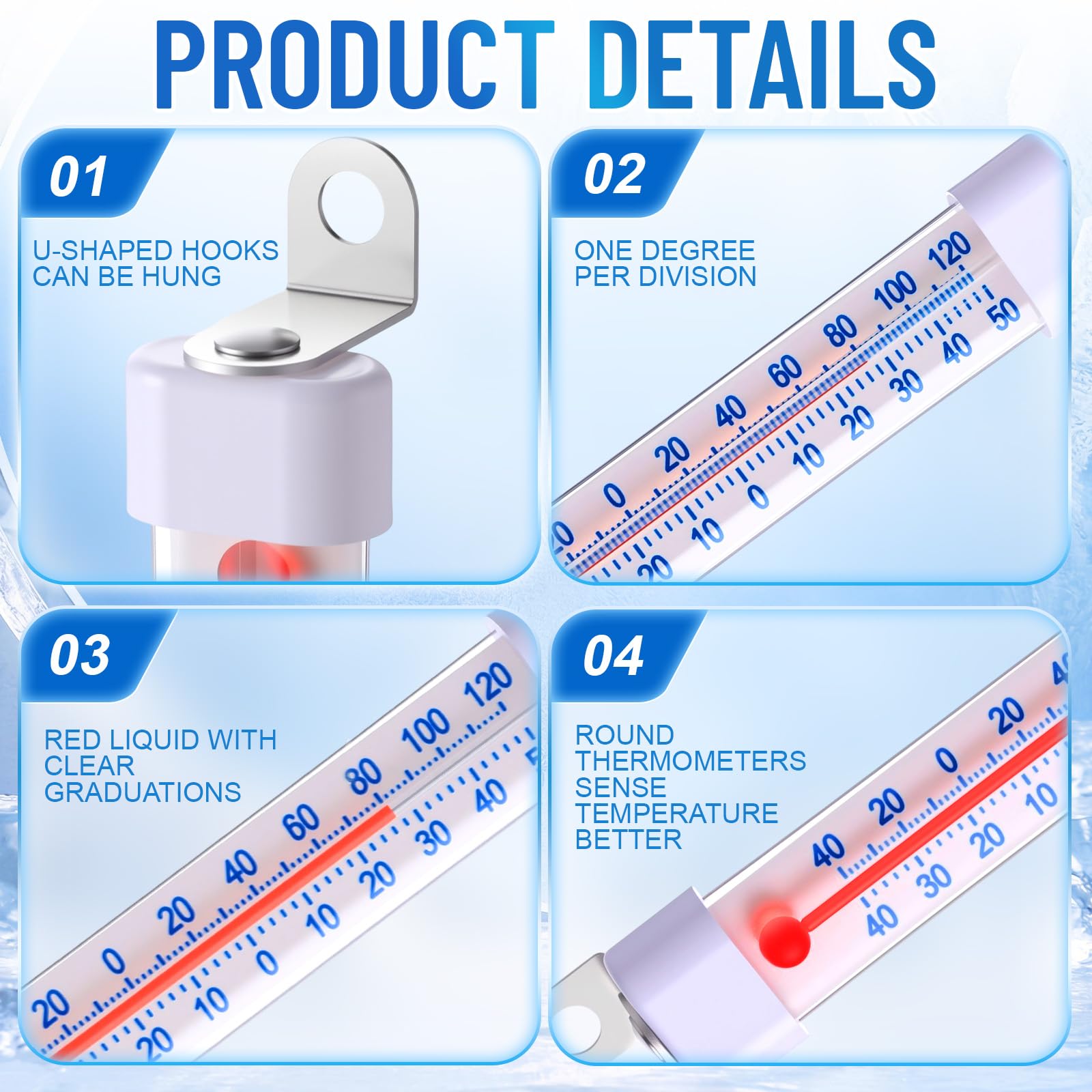 Sabary Paquete de 20 termómetros para frigorífico y congelador, termómetro analógico de tira larga para colgar con Fahrenheit Celsius para refrigerador, cocina, hogar, restaurante