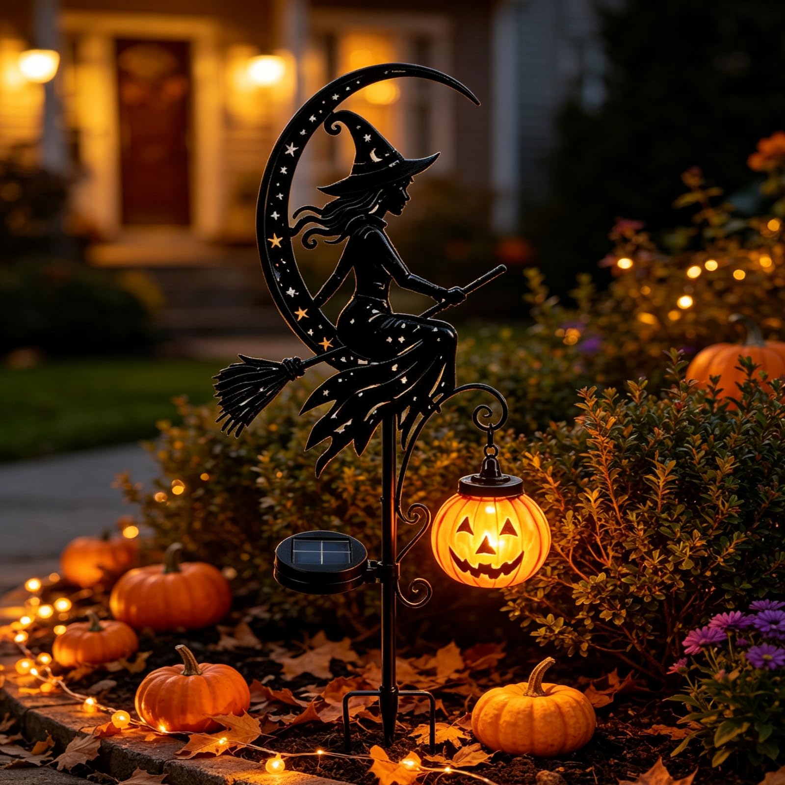 Solar Witch Pumpkin Moon Garden Stake Light, Waterproof LED Outdoor Decor