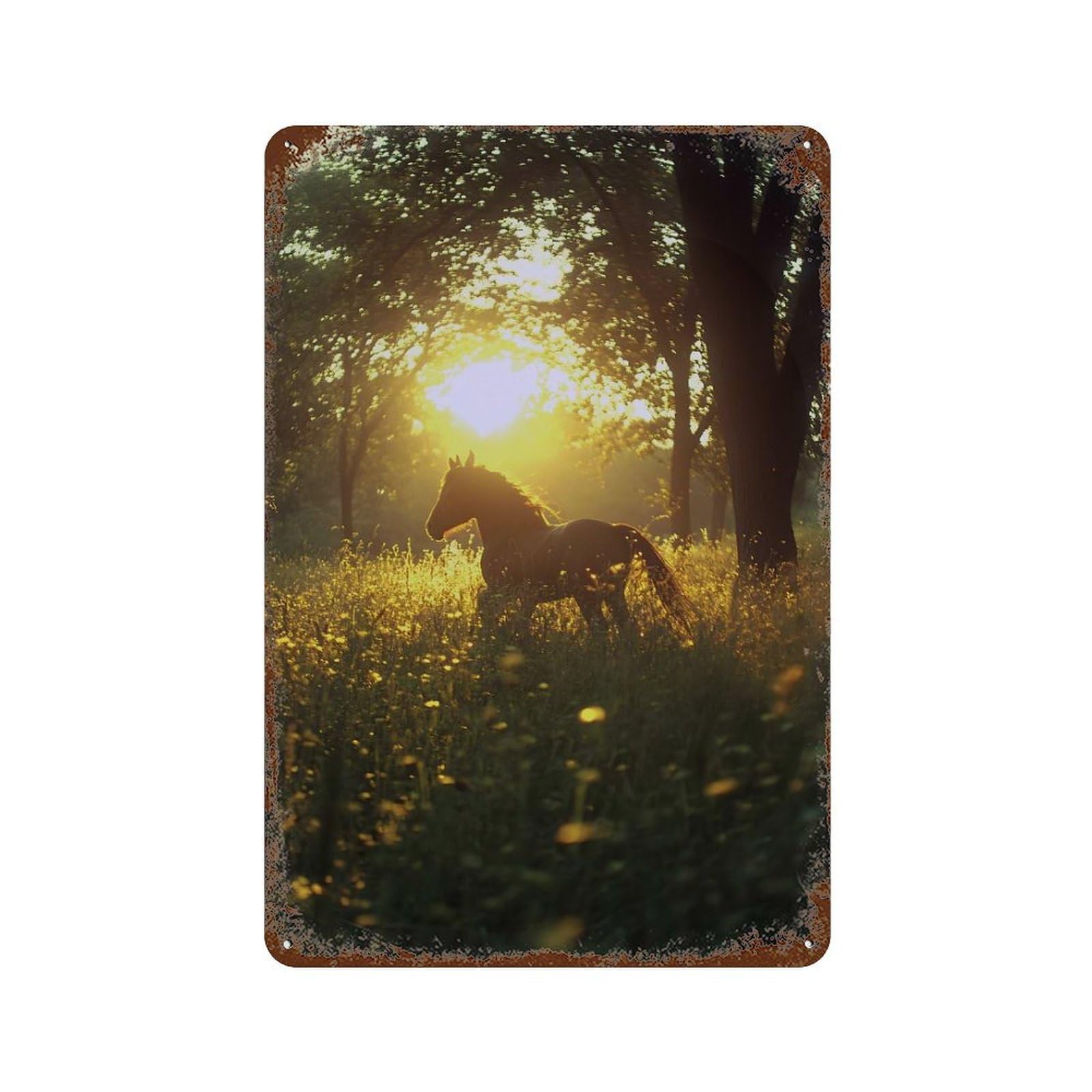 Horse in Golden Meadow at Sunset Rust Effect Tin Sign 11.8"x7.9", Vintage Wall Decor for Pub, Kitchen And Man Cave Decor
