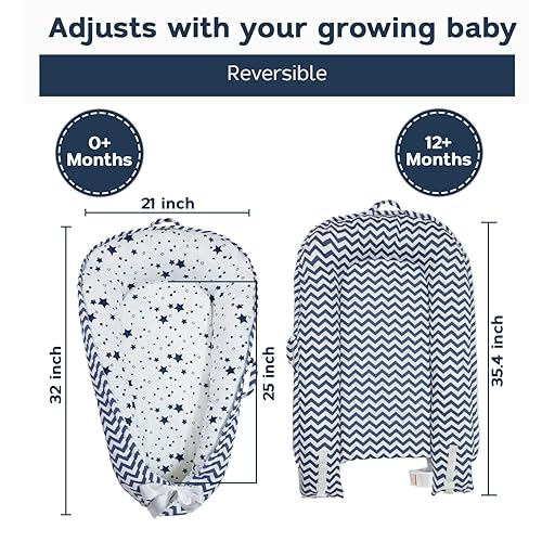 Miniatura 3 de Aila+Aiden Nido para bebé, tumbona de algodón orgánico para bebé, reversible, transpirable, ajustable, portátil, colección Star (azul)
