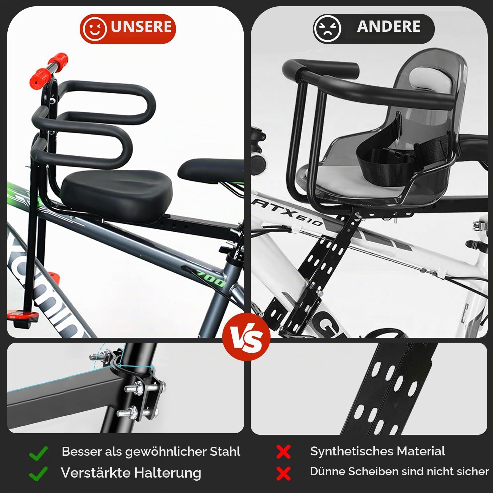 Kindersitz Fahrrad Vorne, Kinderfahrradsitz mit Armlehnen, Fußstützen, Fahrradkindersitz Kindersitz Vorne für Mountainbike, Cityräder, Falträder