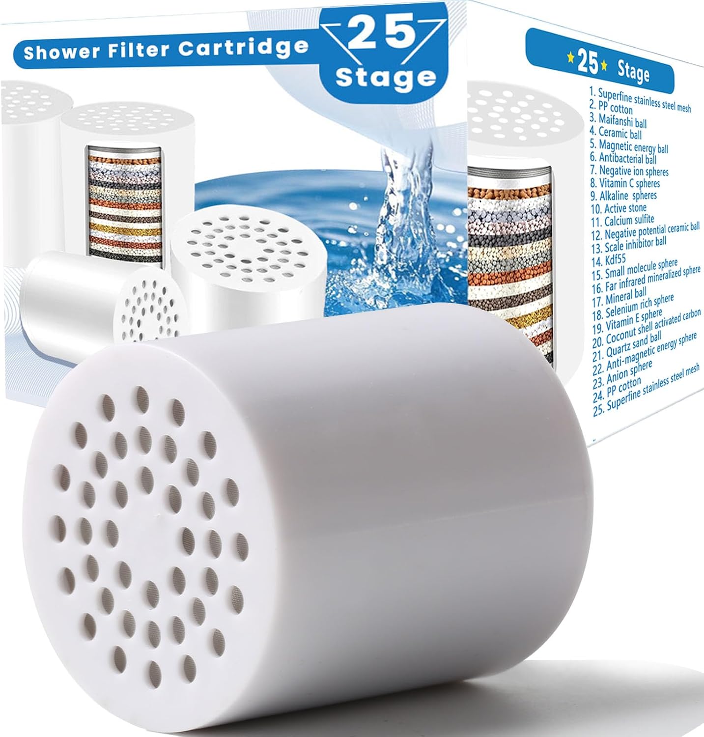 25 Stage Shower Filter Replacement Cartridge, 4 Pack for Hard Water | Universal Cartridges – Removes Chlorine, Heavy Metals, Iron & Sediments, Fit Any Similar Design Shower Water Filter