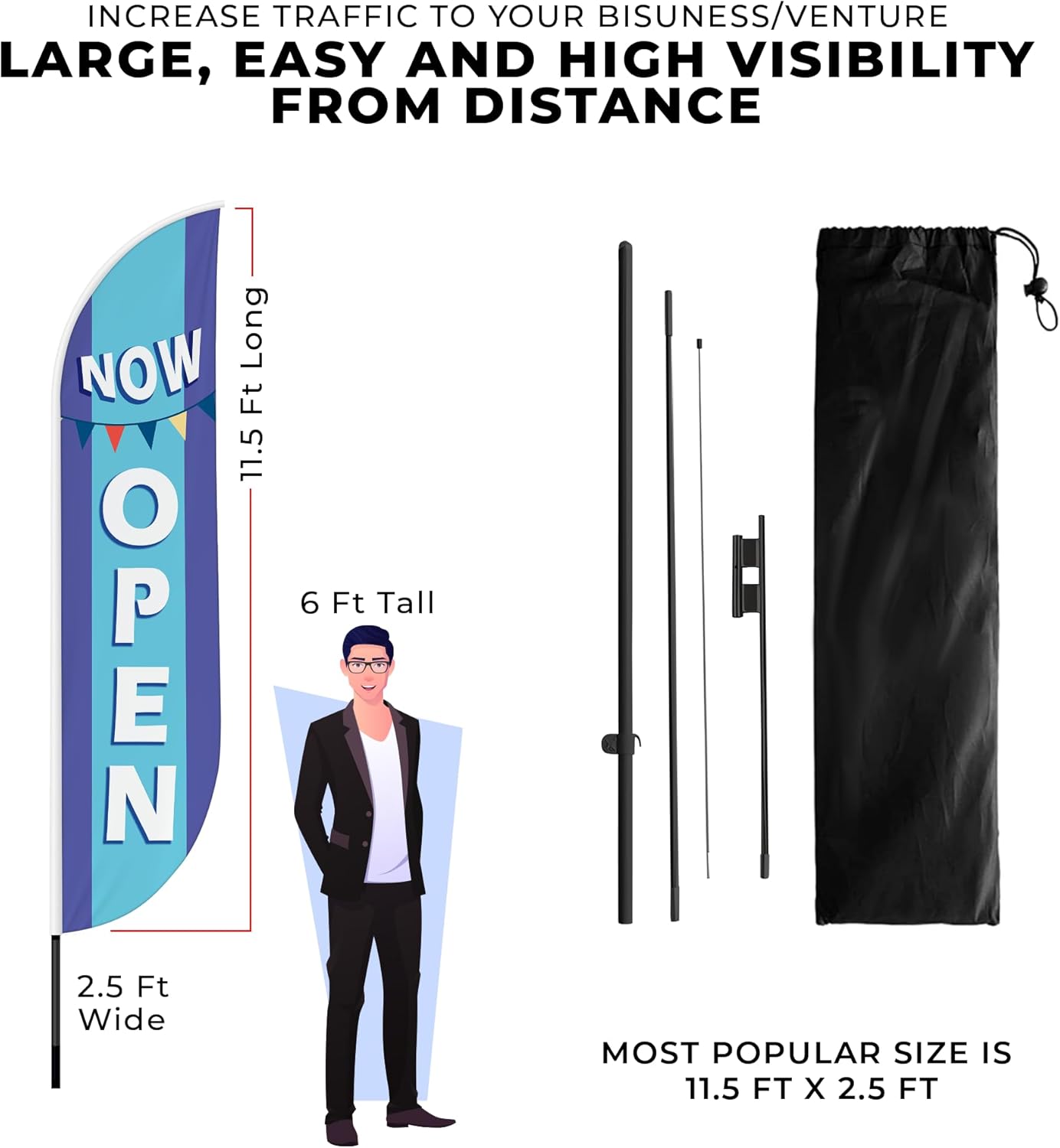 Now Open Feather Flag(11.5feetX2.5feet) by DreamController | Outdoor Business Advertising Tall Flag | Weather-Resistant Knitted Swooper Display | Made in USA | HD Print (Flag Only).