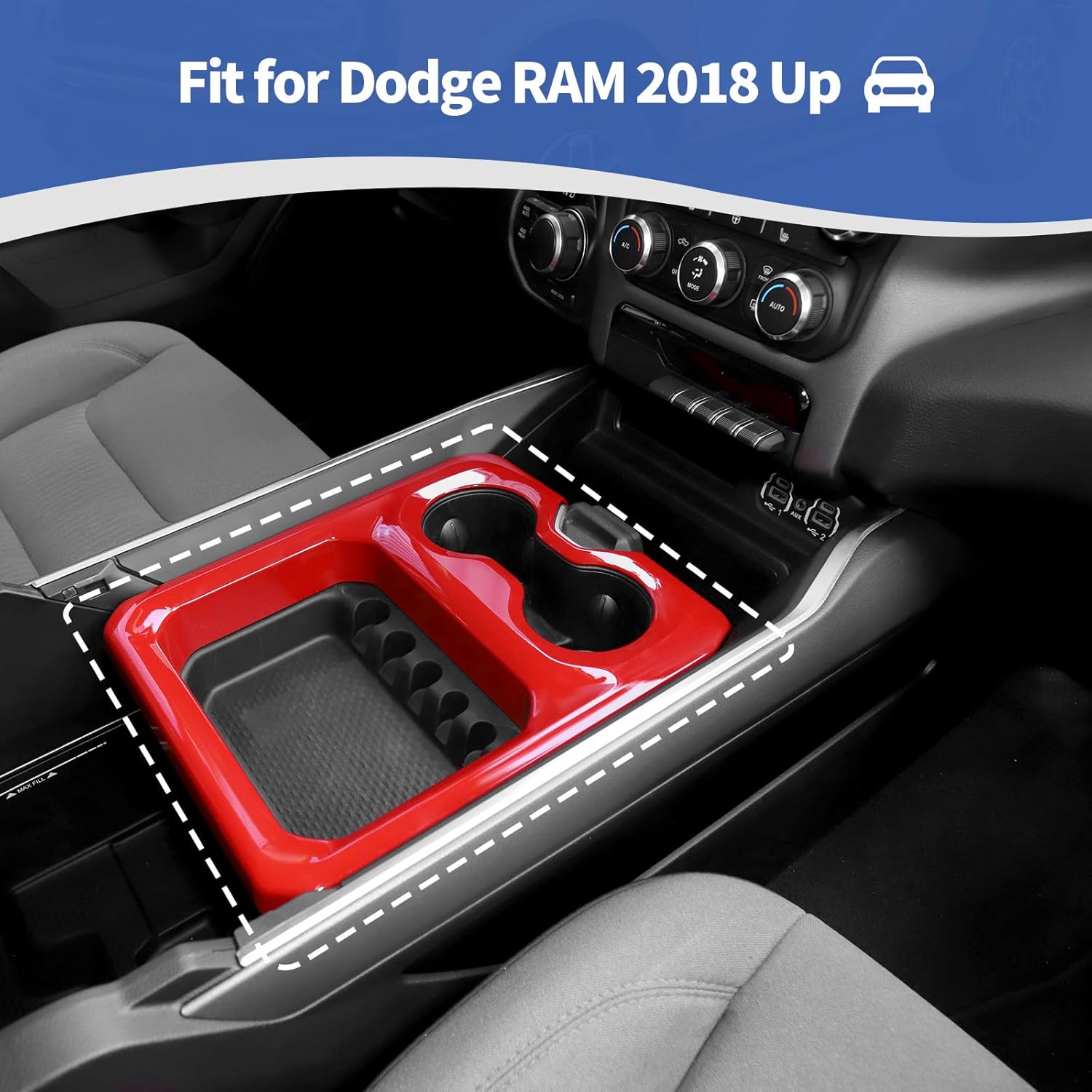 RT-TCZ for RAM Center Console Cup Holder Trim Cover Red for Dodge RAM 2018 2019 2020 2021 2022 2023 Red Interior Accessories