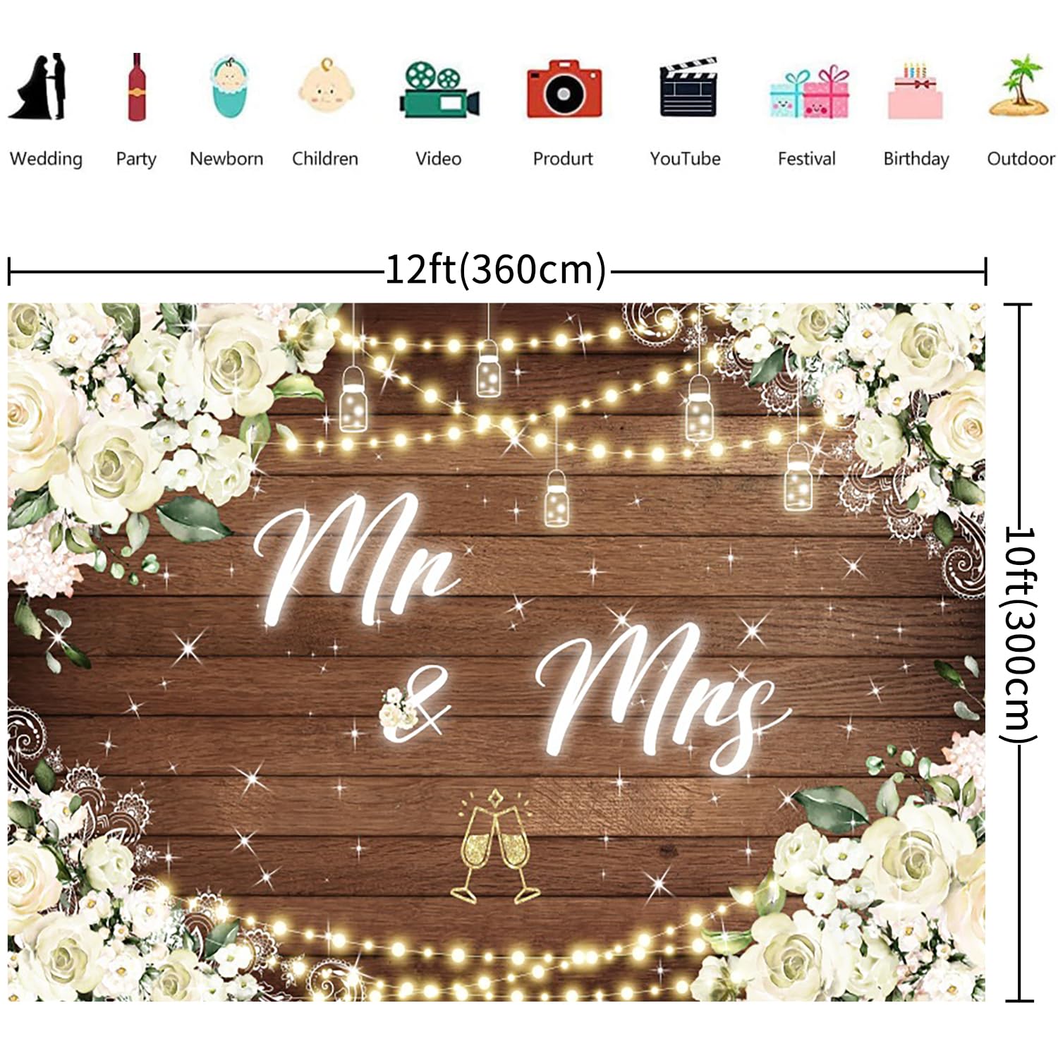 3.6x3m Mr & Mrs Hintergrund Weiß Floral Rustikal Holz Fotografie Hintergrund Braut Dusche Braut zu Sein Verlobung Hochzeit Party Dekorationen Banner Photo Booth Requisiten