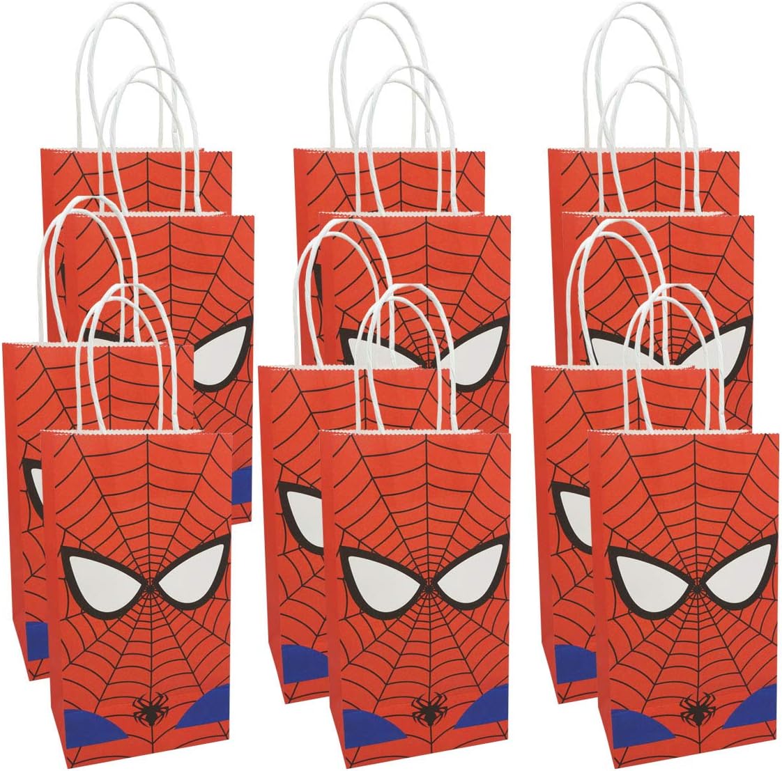 Yasirona NiceLife 12 Pieces Spider Web Printed Kraft Paper Goodie Gift Bags with Handle for Kids Superhero Themed Birthday Party Decorations