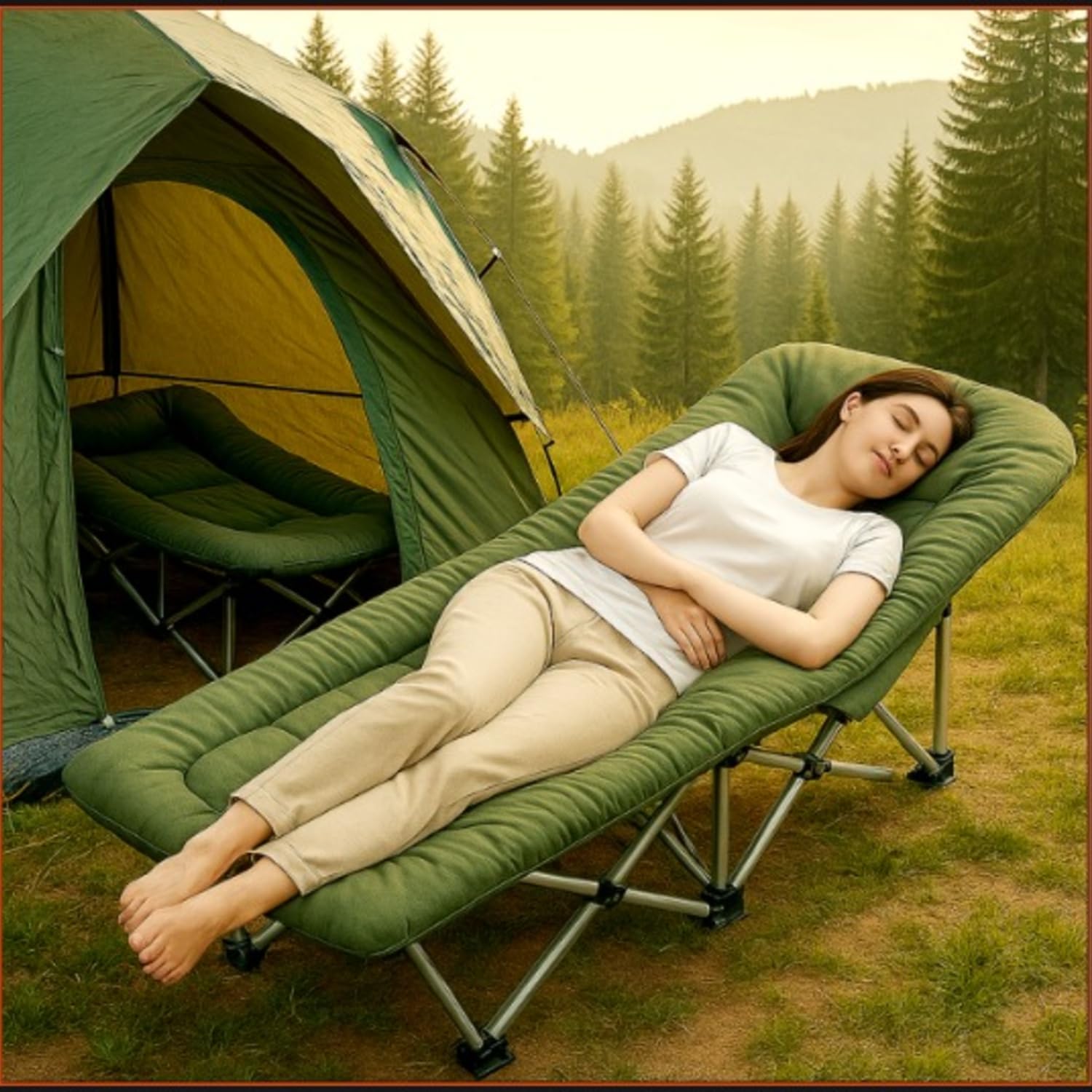 Metal Folding Matte Bed Single for Sleeping with Soft Cushion 6.2 Feet Portable Foldable Outdoor Camping Cot for Adults Heavy Duty Travelling Camping Cots with Side Pocket (Upto 150KG), Green