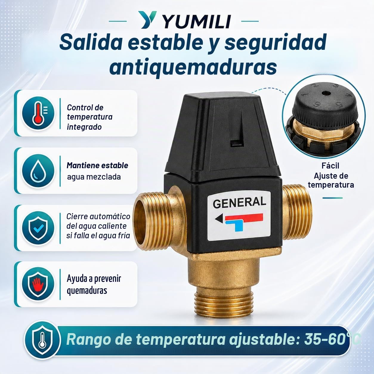 Válvula Mezcladora Termostática DN20, Válvula Termostática de Latón de 3 Vías, Válvula Termostática Termo, Rosca Macho de Latón, Evita Quemaduras para Sistemas de Ducha con Calentador de Agua Solar
