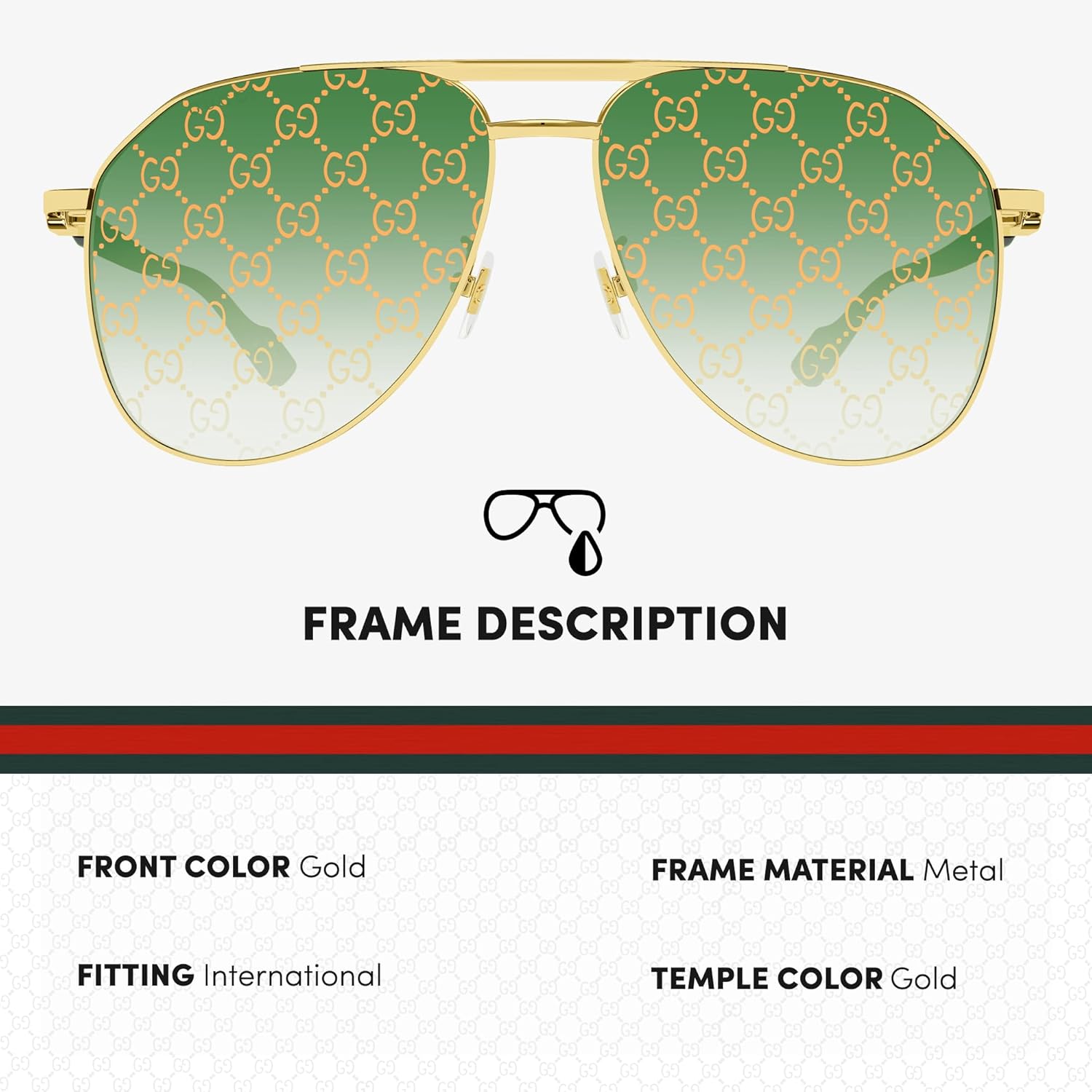 Gucci GG1220S Lasered GG Pattern Logo Pilot-Shaped Non-Polarized Sunglasses for Men – Includes Luxury Eyewear Kit – GOLD Frame with GREEN Lens - Image 2