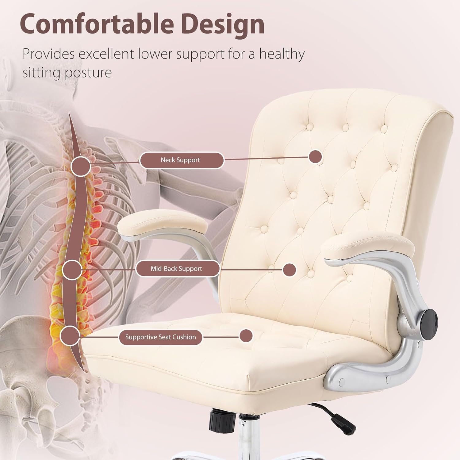 Modern Leather Office Chair, Mid-Back Ergonomic Executive Desk Chair with Flip Up Arm, Mid Century Swivel Task Chair, Rocking Computer Chair with Wheels for Home Office, Meeting Room