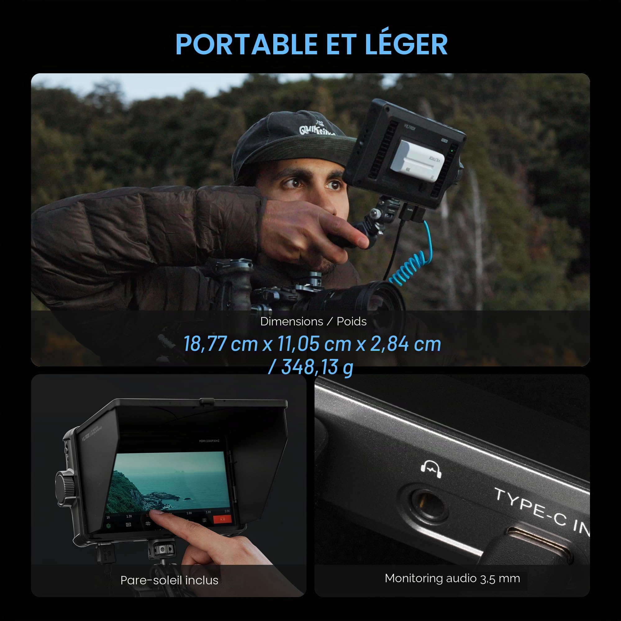 VILTROX DC-A1 2800 nits Moniteur de caméra, 7 Pouces IPS HD 1920x1080 écran Tactile Caméra Moniteur vidéo avec 4K HDMI 2.0, LUT 3D, Focus Peaking, Assistance vidéo, HDR Full Waveform, Batterie F550