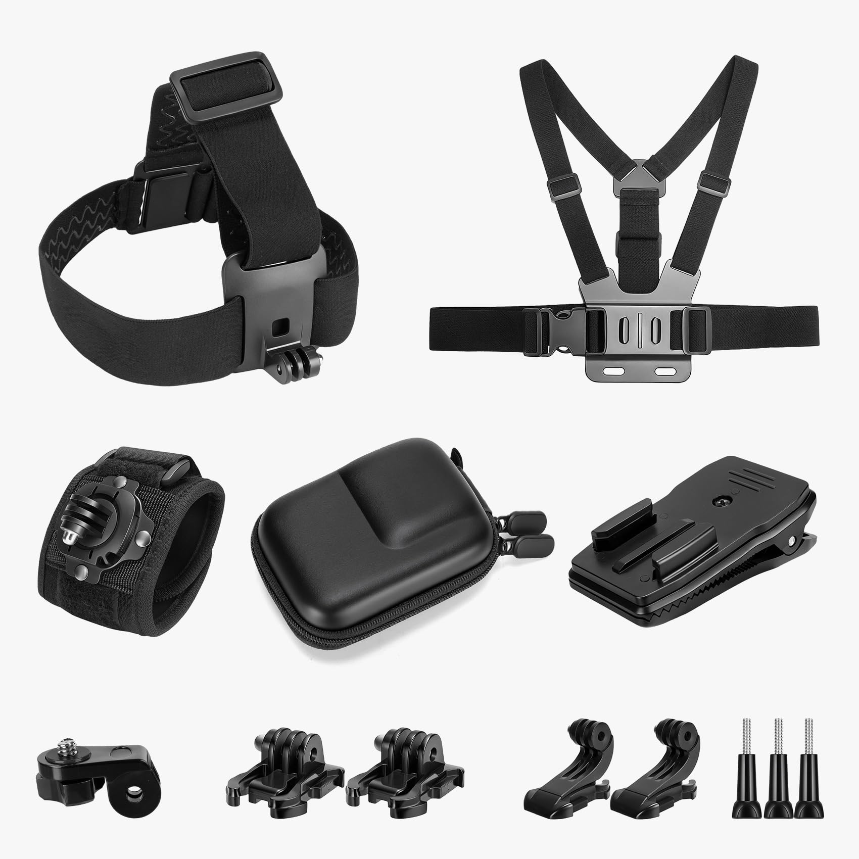 - Action Camera Accessories Kit - 5-in-1 Set for GoPro Hero Compatible with All Models Head Strap, Chest Harness, Backpack Clip, 360° Wrist Strap, Storage Bag