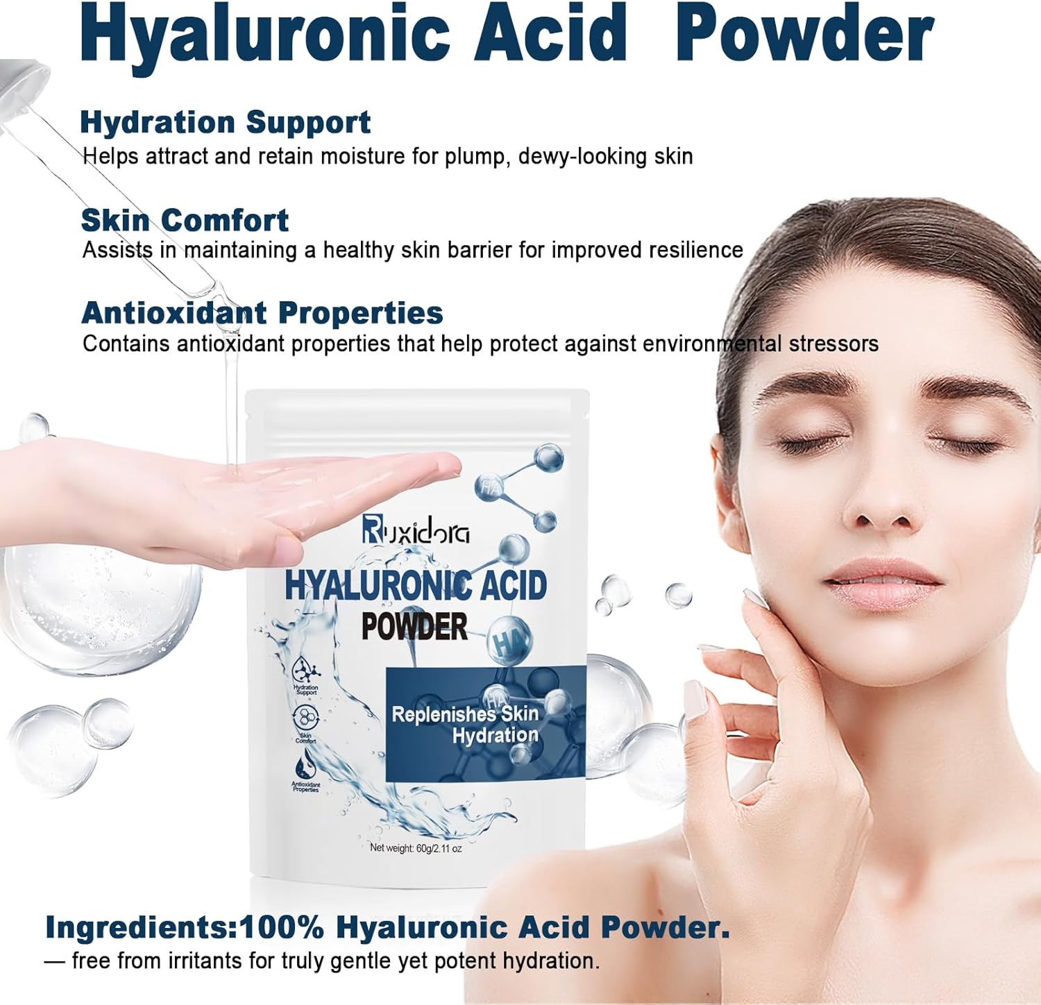 Pure Hyaluronic Acid Powder for Skin & Face (Sodium Hyaluronate) - Low Molecular Weight, Cosmetic Grade DIY Serum Ingredient for Deep Hydration, Acido Hialuronico en Polvo-Includes Scoop-60g(2.12oz) - Image 2