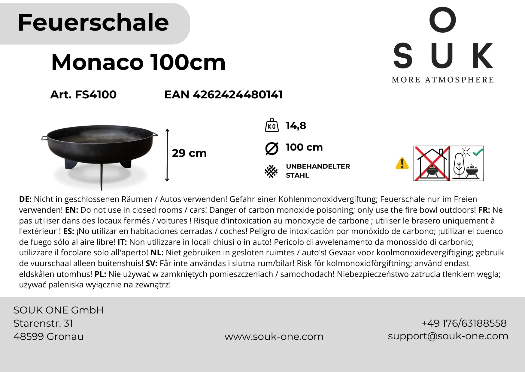 Brasero Monaco de 100 cm, brasero para el jardín, brasero, terraza y balcón, barril de fuego y cesta de fuego (diámetro 100 cm)