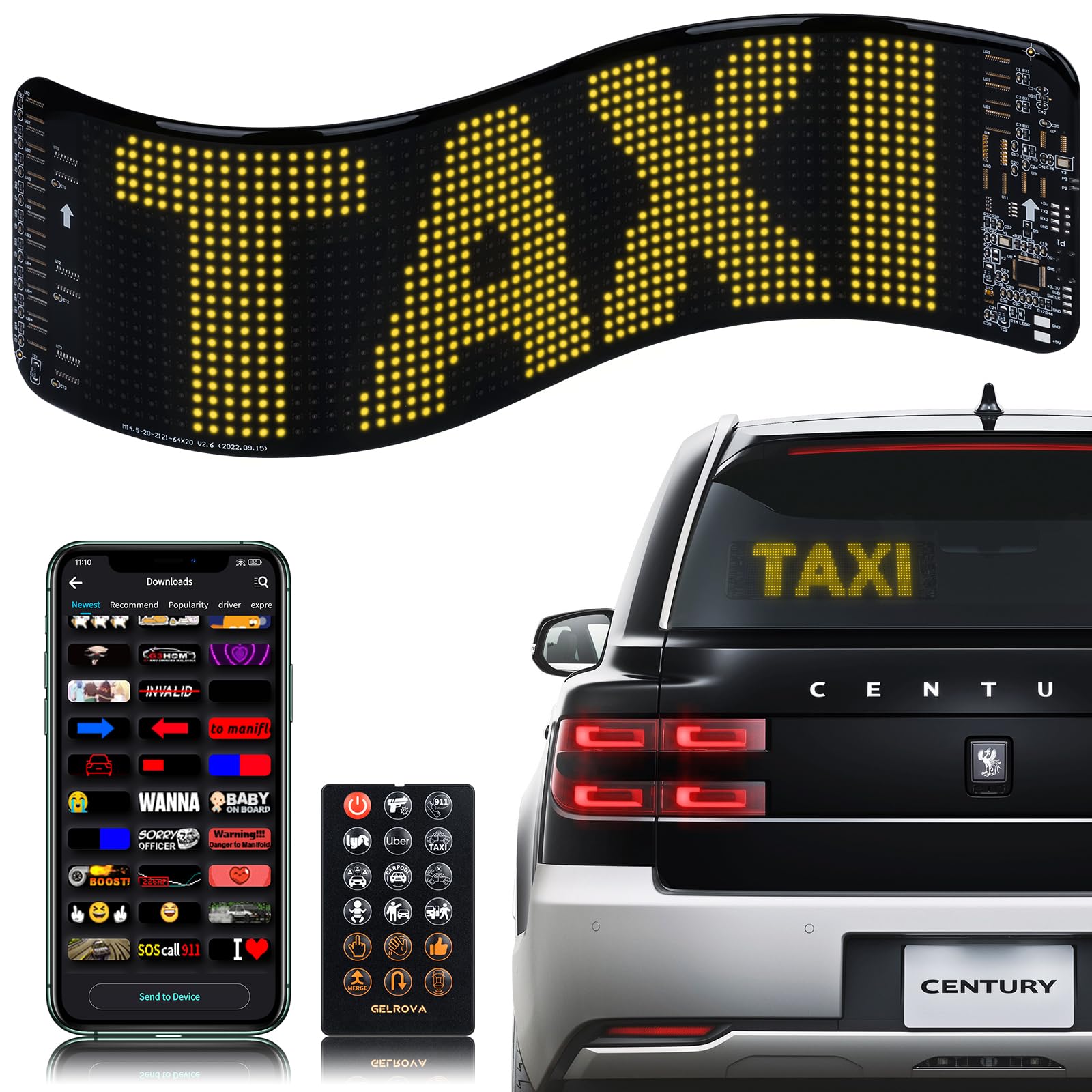 Gelrova Customizable LED Display, Flex LED Panel Sticker, Share Ride Driver Safety Car Sign Light Remote Control, Call 911 Custom GIFS Scrolling Programmable LED Sign, Car Star 6 Driver Version