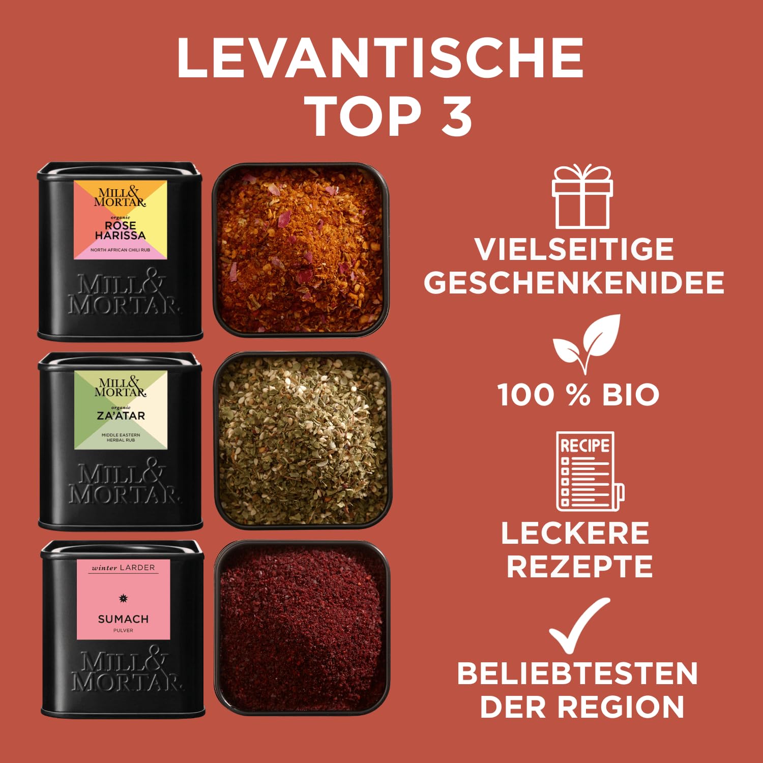 Mill & Mortar BIO Levante Gewürz-Geschenkset, Rose Harissa, Za’atar & Sumach