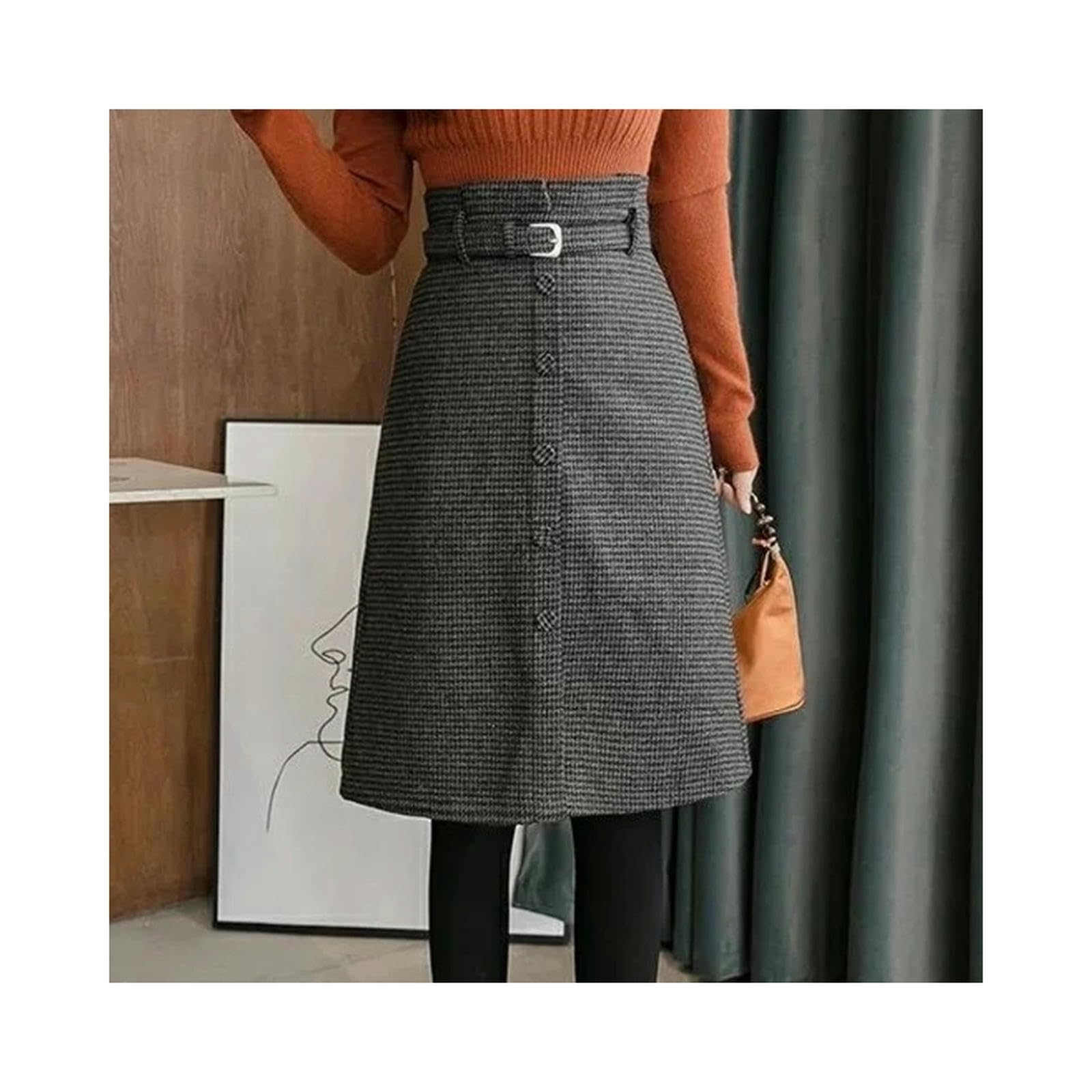 Gonna Scapa con Cintura Midi con Miscela A Plaid Gonnetta Ginocchiera Alta