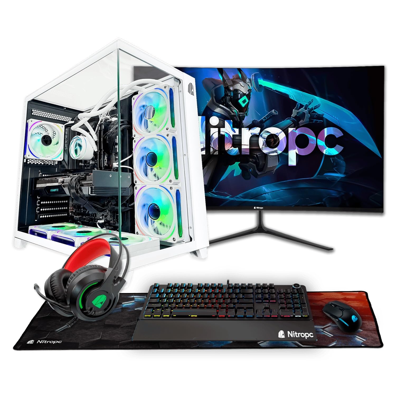 NitroPC - Diamond Pack | Full Gaming PC (Intel Core i7 12700K 12/20 5.0GHz, RTX 5060 8GB, RAM 32GB, M.2 2TB, Windows 11 | WiFi, 27" Curved Monitor, Keyboard, Mouse, Helmets) Desktop PC (White)