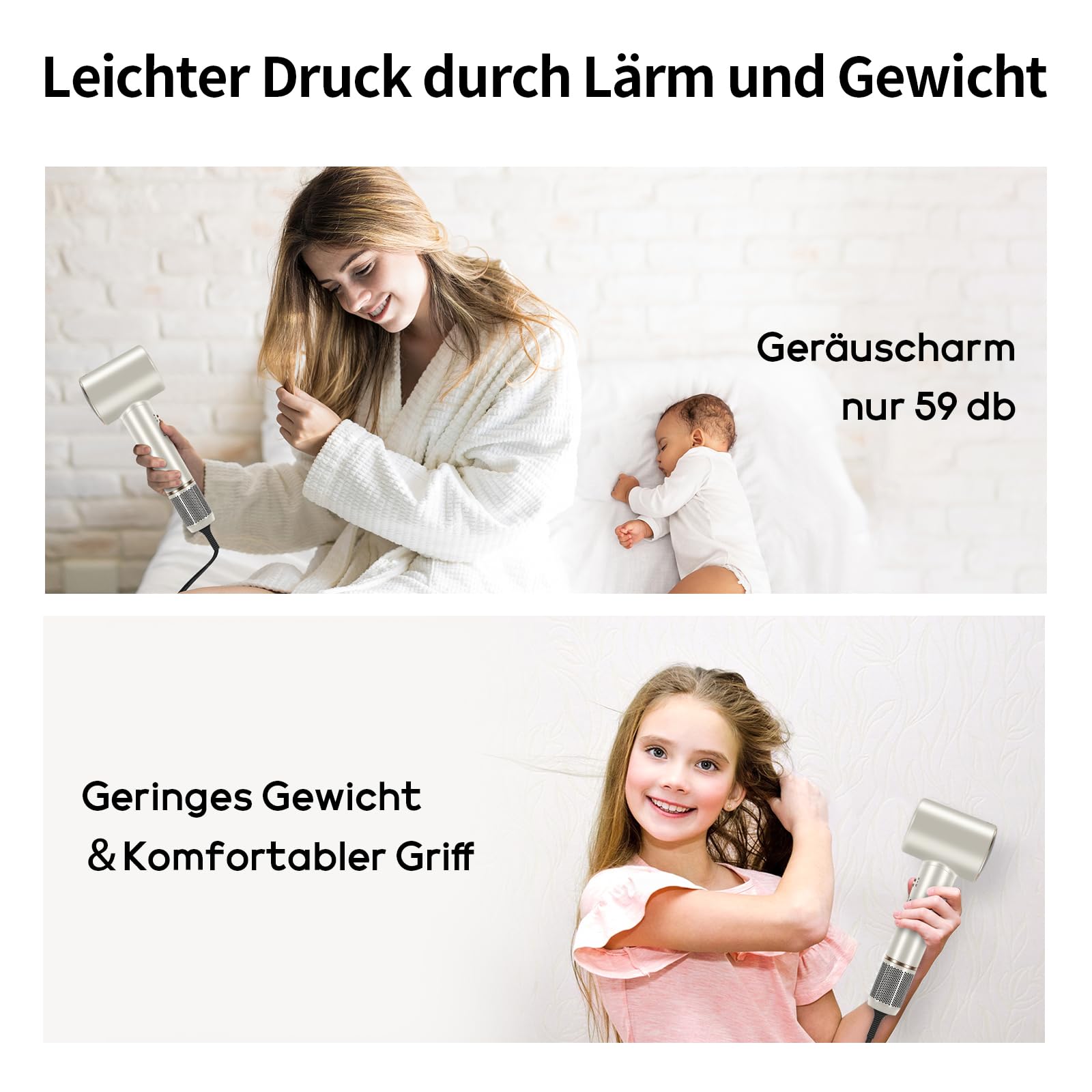 PARWIN PRO BEAUTY Air-Sonic Föhn, HD-LED Anzeige Fön, Haartrockner mit 110,000RPM Bürstenlosem Geräuscharm Motor, 2x 32mm Auto Wrap-Curler, 25M/S Luftstrom für Schnelle Trocknung （Champagne Silver）