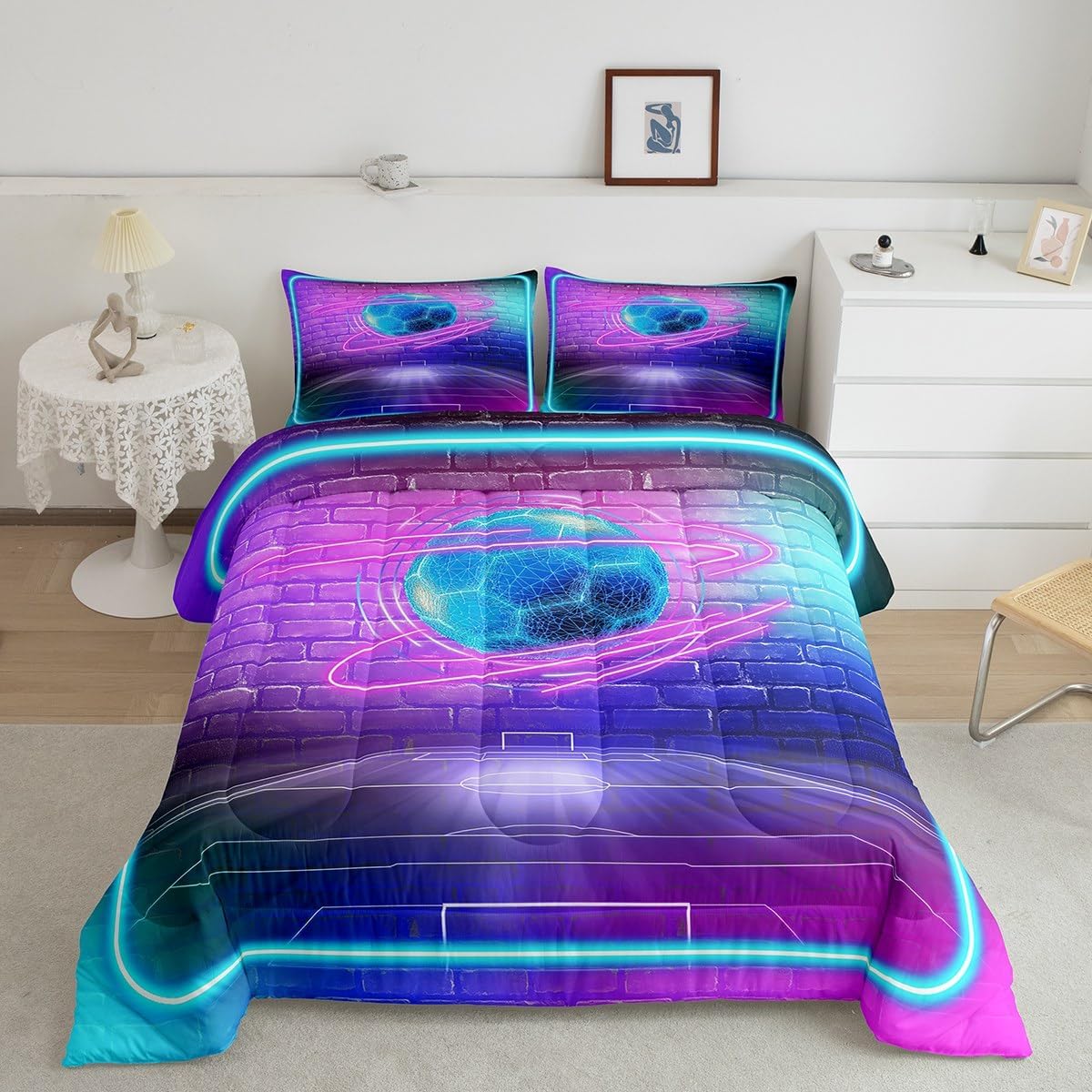 Feelyou Football Soccer Bedding Set Boys Twin Size Soccer Field Comforter Set for Kids Teens Adult Sport Theme Duvet Set 3D Fluorescence Quilt Set 2Pcs