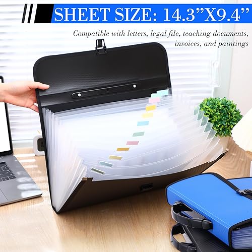 Miniatura 3 de Mooliwe 4 carpetas de archivos para documentos de 15 x 10 x 1.6 pulgadas, organizador grande de archivos legales con asa, 13 bolsillos expandibles,