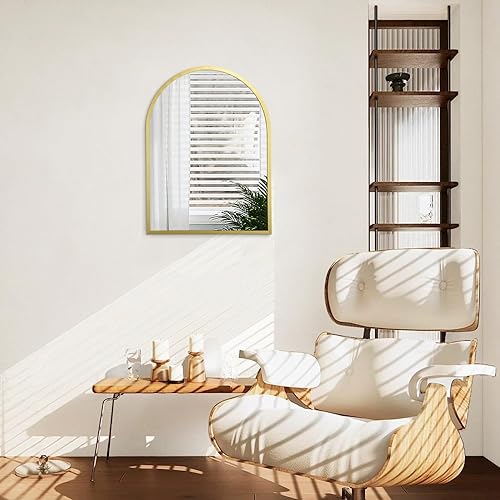 Miniatura 167 de Espejo de pared arqueado negro con marco de aleación de aluminio, espejo de baño de metal cepillado, espejo montado en la pared para sala de estar