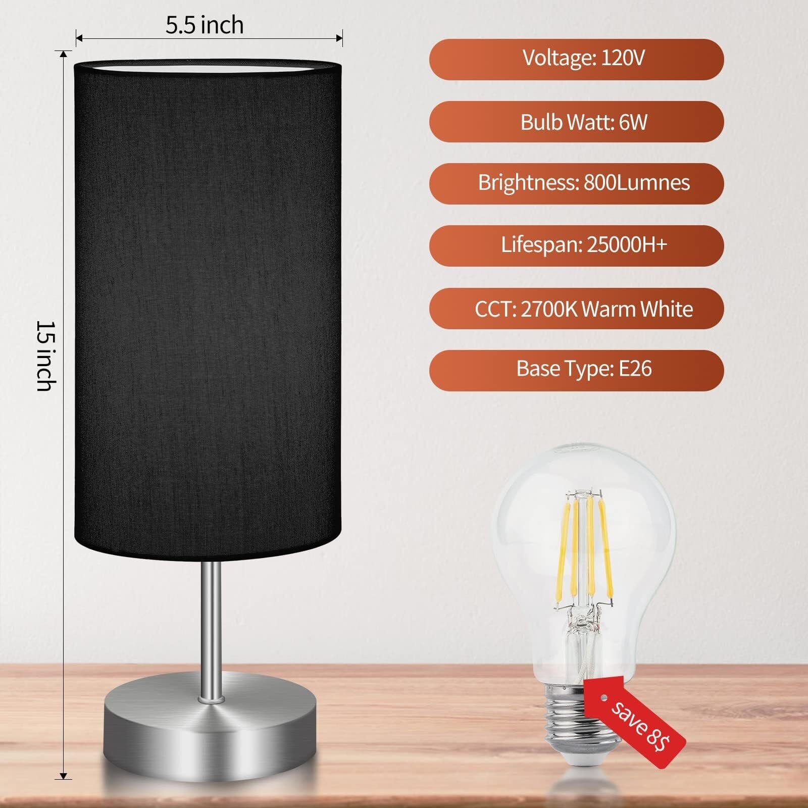 Lampka nocna Lampka nocna dotykowa, mała drewniana lampa stołowa do sypialni z 2 portami ładowania USB i białym kloszem z tkaniny Lampki nocne(F)