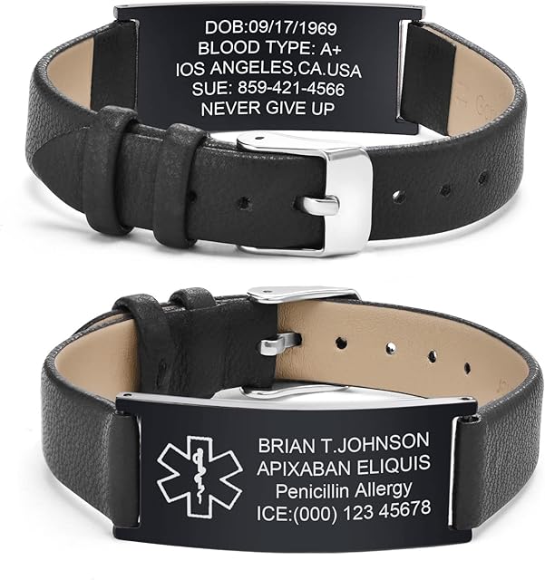 Mens Medical Alert Bracelet Personalised : Free Engraving Stainless Steel ID Plate with Genuine Leather Mesh Strap Medical ID Bracelet for Men Boy Adjustable Emergency Wristband Medic Alert Bracelets
