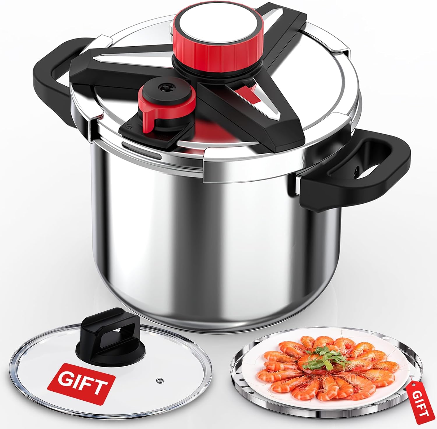 18/8 Stainless Steel Pressure Cooker 10 Quart, [One-Hand Locking] Pressure Cooker, [3-In-1] Olla de Presion, Induction Compatible, Gas Stovetop Compatible,Steamer Rack & Includes Glass Lid