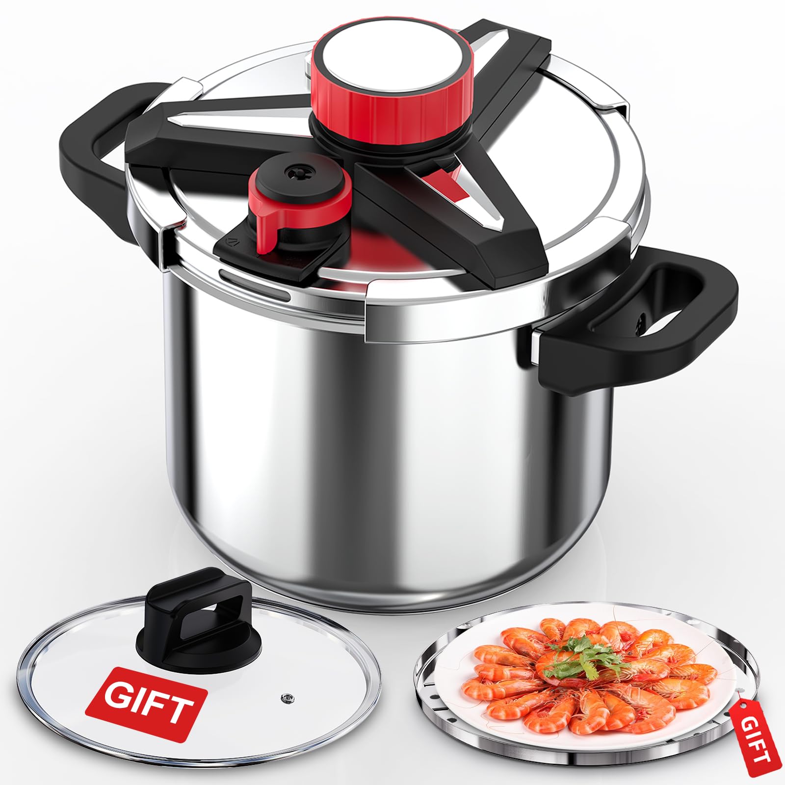 Photo 1 of 18/8 Stainless Steel Pressure Cooker 8 Qt, [One-Hand Locking] Pressure Cooker,[3-In-1] Olla de Presion, Induction,Gas Stovetop Compatible, Includes Glass Lid & Steamer Rack