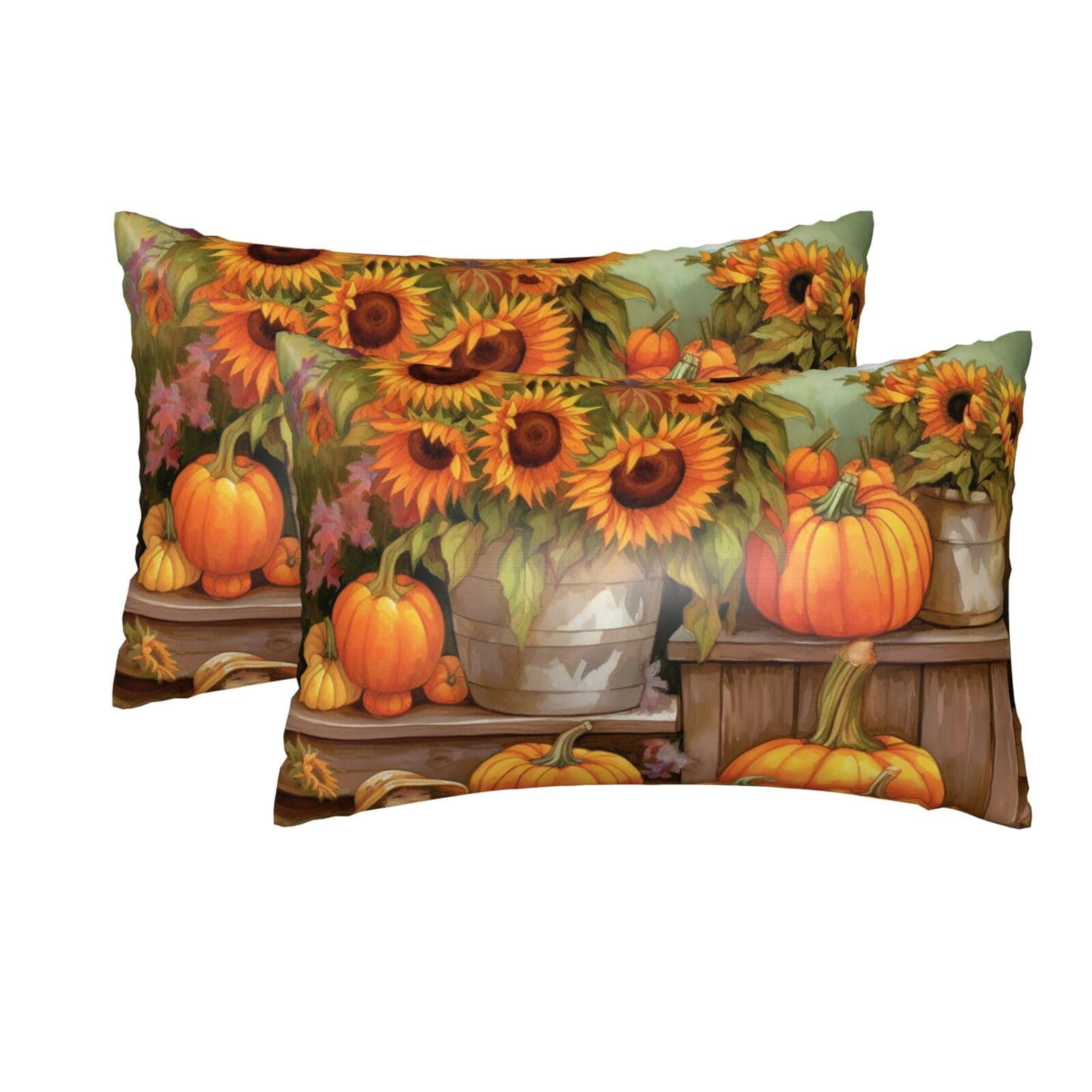 2 Pack Queen Silk Pillow Cases with Hidden Zipper, Luxury Soft Satin Pillow Covers for Hair and Skin, Autumn Sunflowers Pumpkins Pillowcases 20"x30" Bed Pillow Protectors Cover for Sleeping Gifts