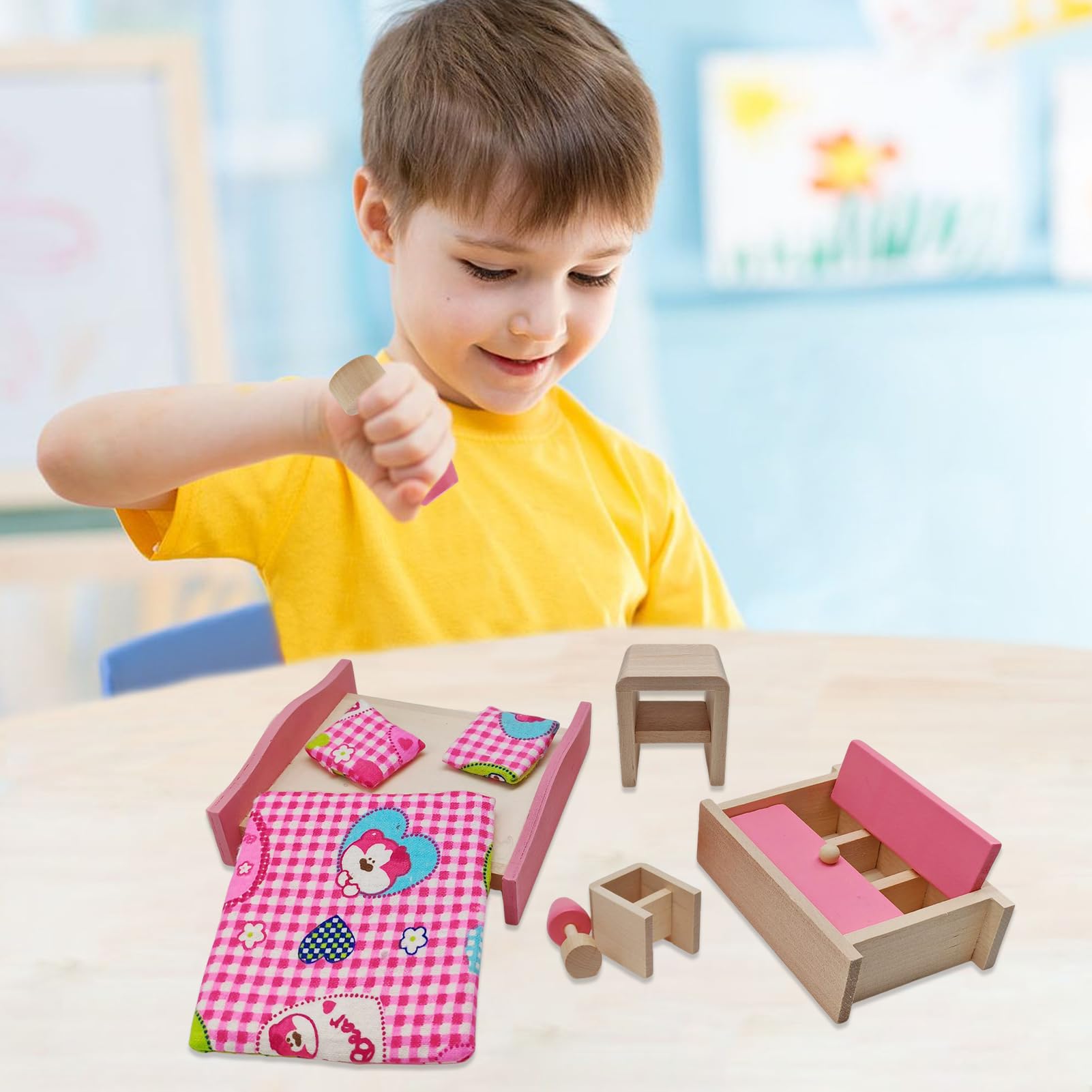 Wooden Doll House Furniture Pretend Play Bedroom Furniture for Kids Childs Gifts Family(Bedroom) - Image 3