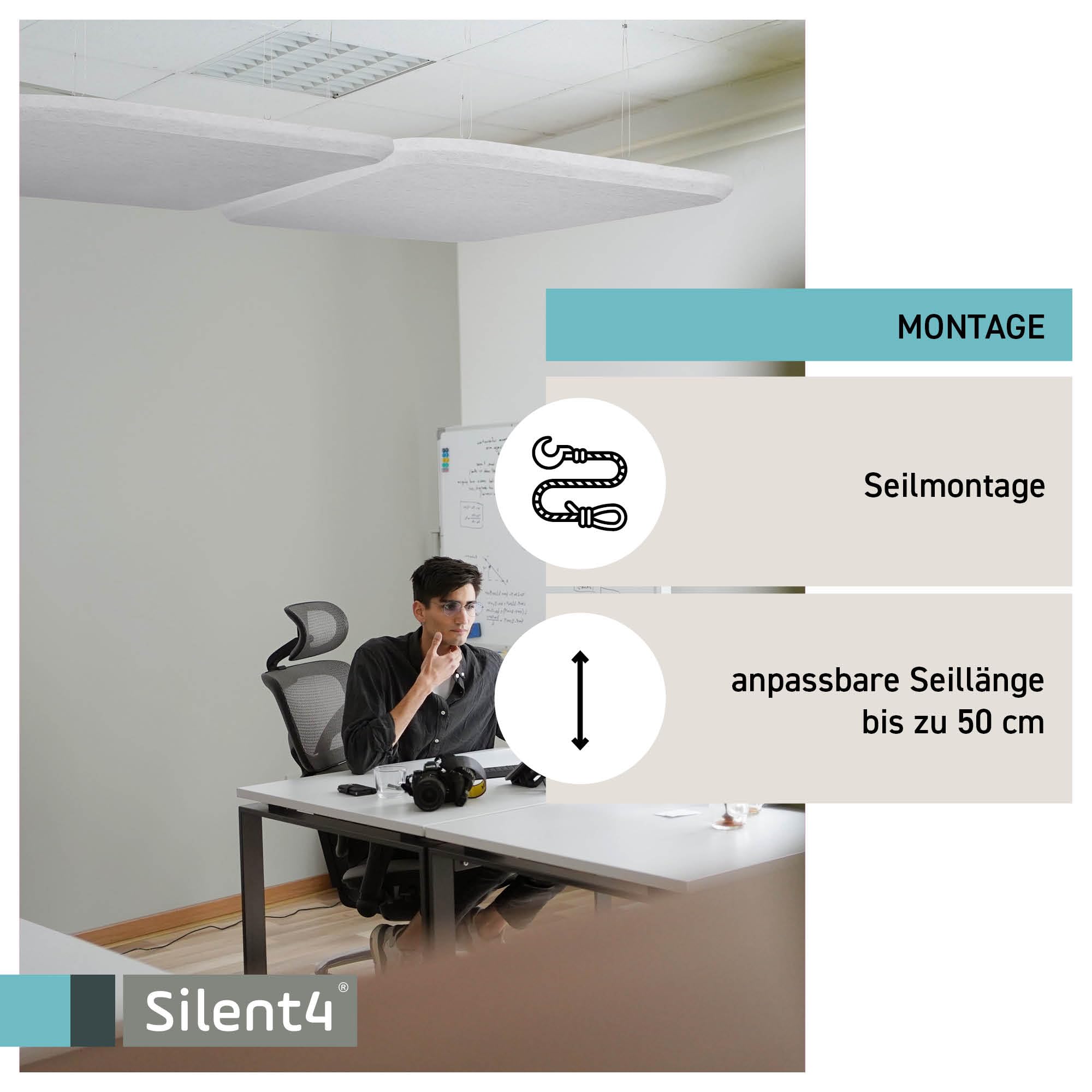 SILENT4® Plafond absorbant acoustique 114x72x4cm en non-tissé acoustique, montage par câble, acoustique améliorée prouvée par panneau acoustique en blanc
