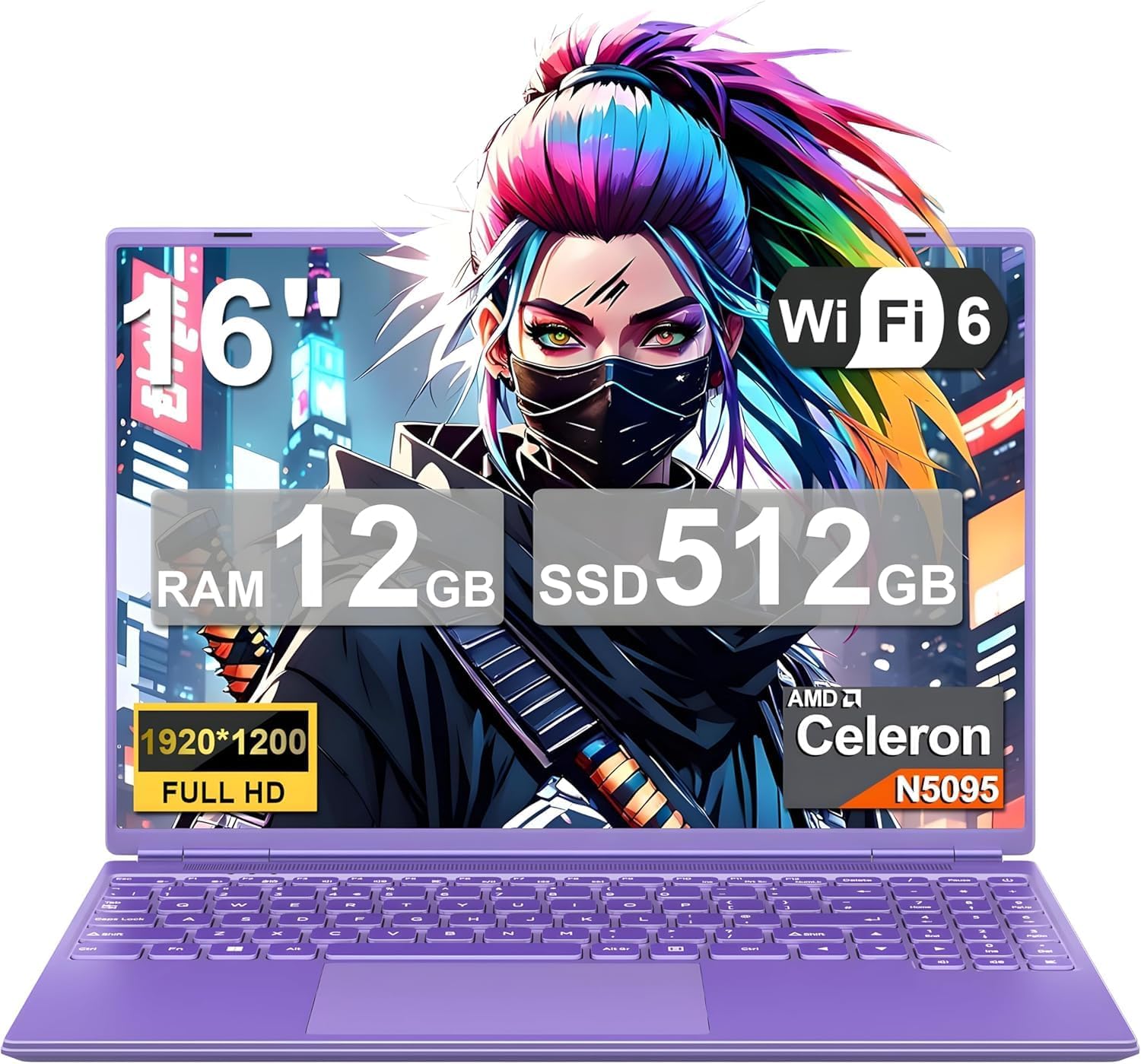Laptop 16" 12GB LPDDR4 512GB SSD Celeron N5095 Up to 2.9Ghz Quad-Core Win 11 PC 1920*1200 2K Screen Dual WIFI Support 2.5" HDD 1TB SSD Expand with Cooling Fan Numeric Keypad for Business-Purple