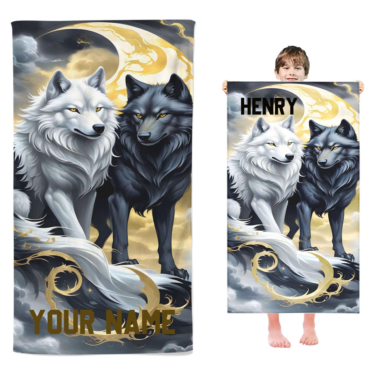 Fadaing Personalised Wolf Beach Towel with Name, Personalised Towel Bath Towel with Name, Microfibre Beach Towel, Large 100 x 200 cm, Bath Towel 3D Wolves for Children (40 x 80 cm, 1)