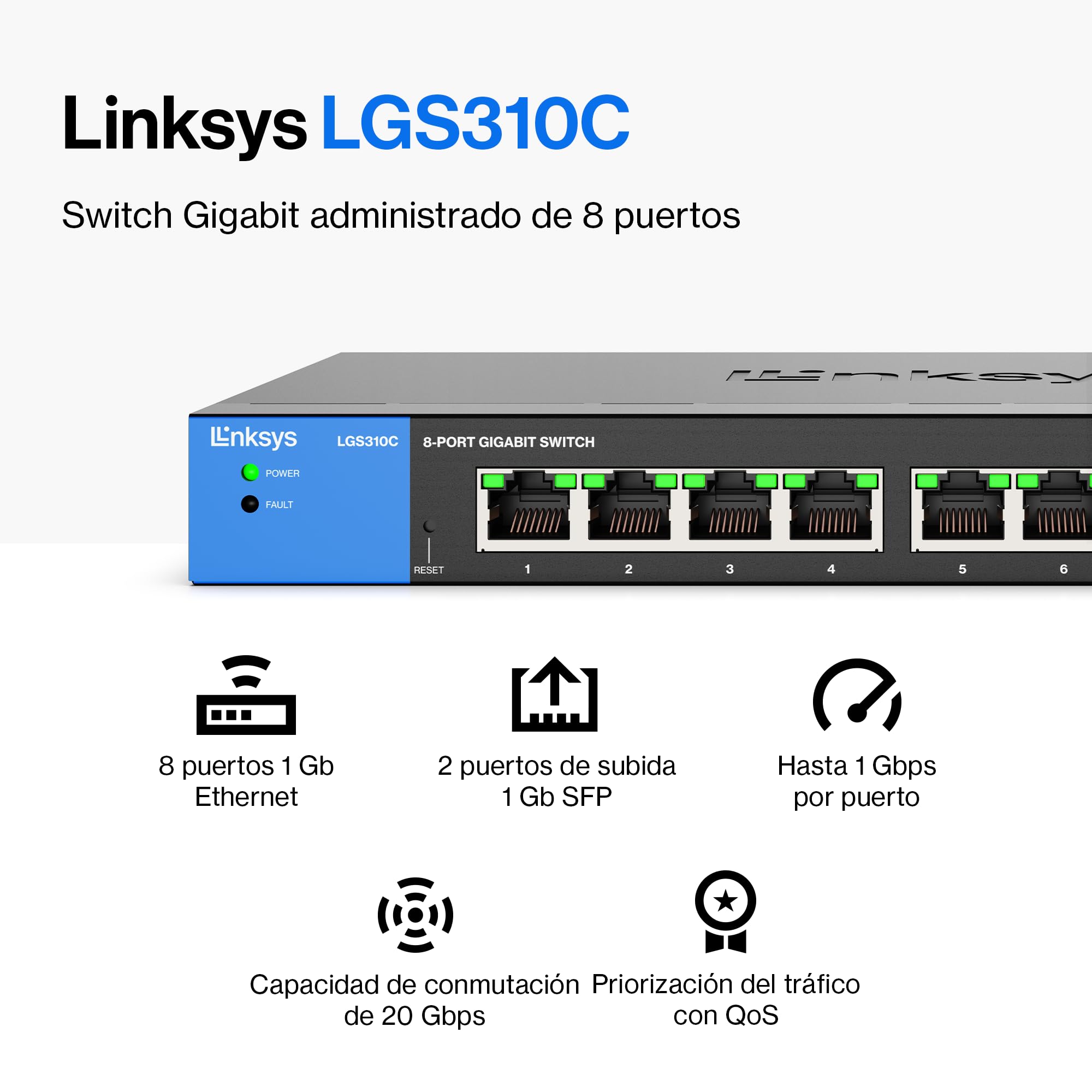 Switch Gigabit Ethernet administrado de Linksys con 8 Puertos y 2 Puertos SFP Gigabit de Enlace Ascendente (LGS310C-EU)