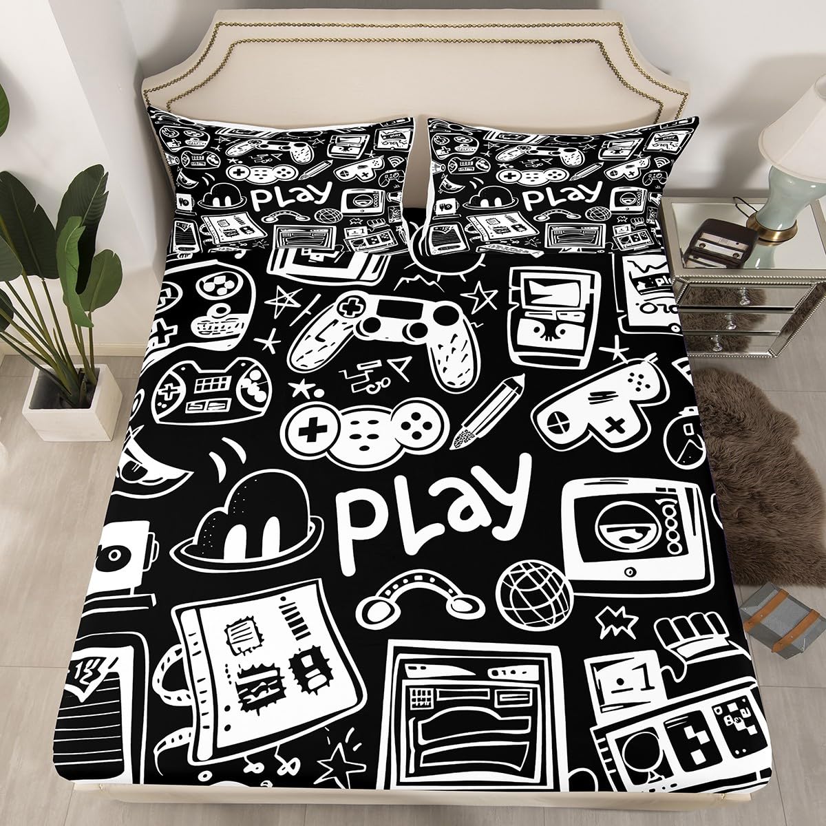Drap-housse enfant decoration chambre gaming ado pour lit une place design croquis