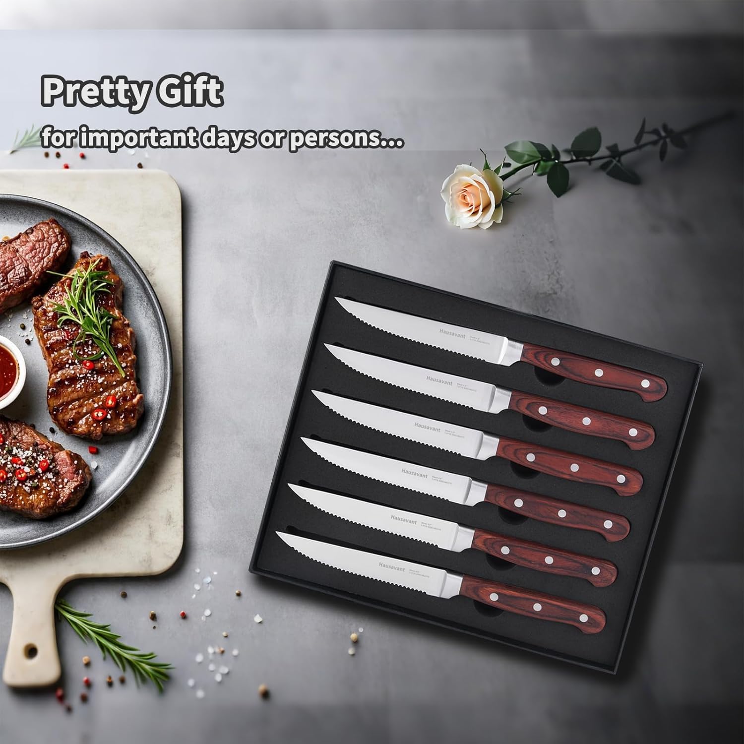 Steak Knives Set of 6, German High Carbon Stainless Steel Steak Knives, 4.8 Inch Serrated Steak Knife with Wood Handle, Dinner Knives Set with Gift Box