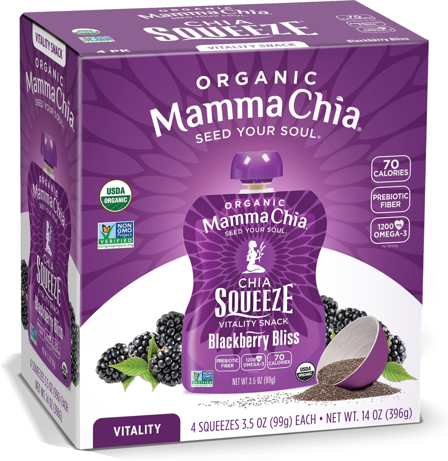 Organic Vitality Squeeze Snack, Blackberry Bliss, 24- 3.5 Ounce Chia Pouches. USDA Organic, Non-GMO, Vegan, Gluten Free, and Kosher. Fruit and Vegetables with only 70 Calories