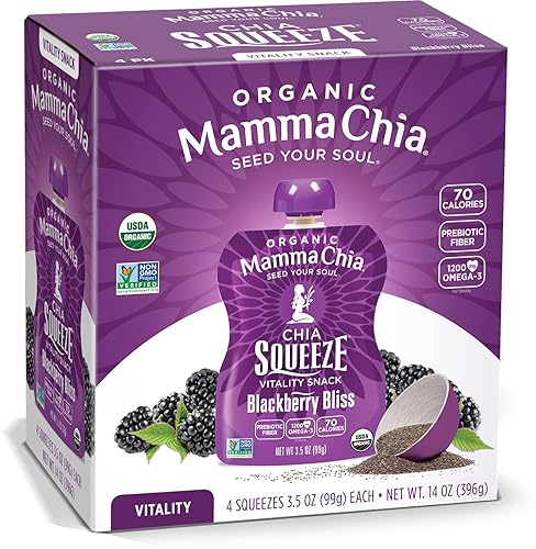Mamma Chia Organic Vitality Squeeze Snack, Blackberry Bliss, 24 bolsas de chía de 3.5 onzas. USDA Orgánico, sin OMG, vegano, sin gluten y Kosher.