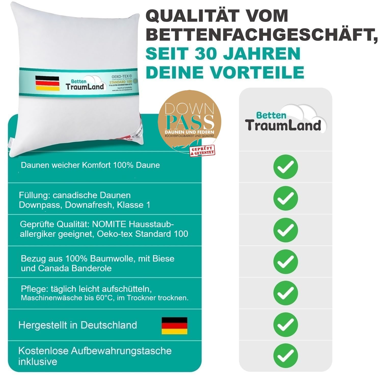 Bach's Betten Welt Canada Daunenkissen Canada Daunenfüllung ohne Federchen 40x80 cm 400 g CADA extra weicher Liegekomfort