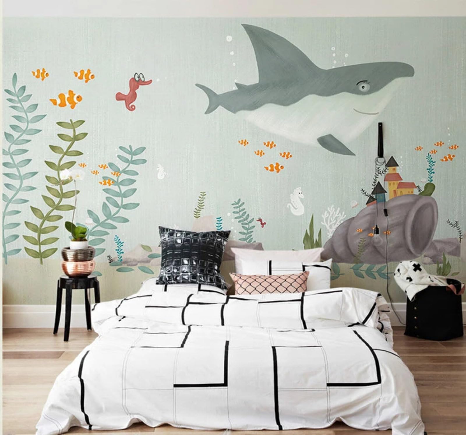 Xlming 350Cm×256Cm(B×H) Fresh Hand Drawn Seaweed Whales Underwater World 3D Wallpaper Silky Texture Home Study Office Grey Dining Room Sofa Bedroom Living Room Tv Backdrop-350Cm×256Cm