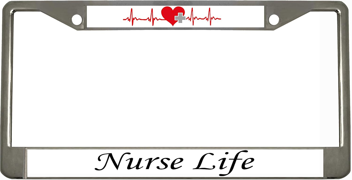 Nurse Life, Heart Beat Great Gift for The Nurse, Design Heavy Duty Metal Car License Plate Frame Auto Tag (Chrome/White/Black)