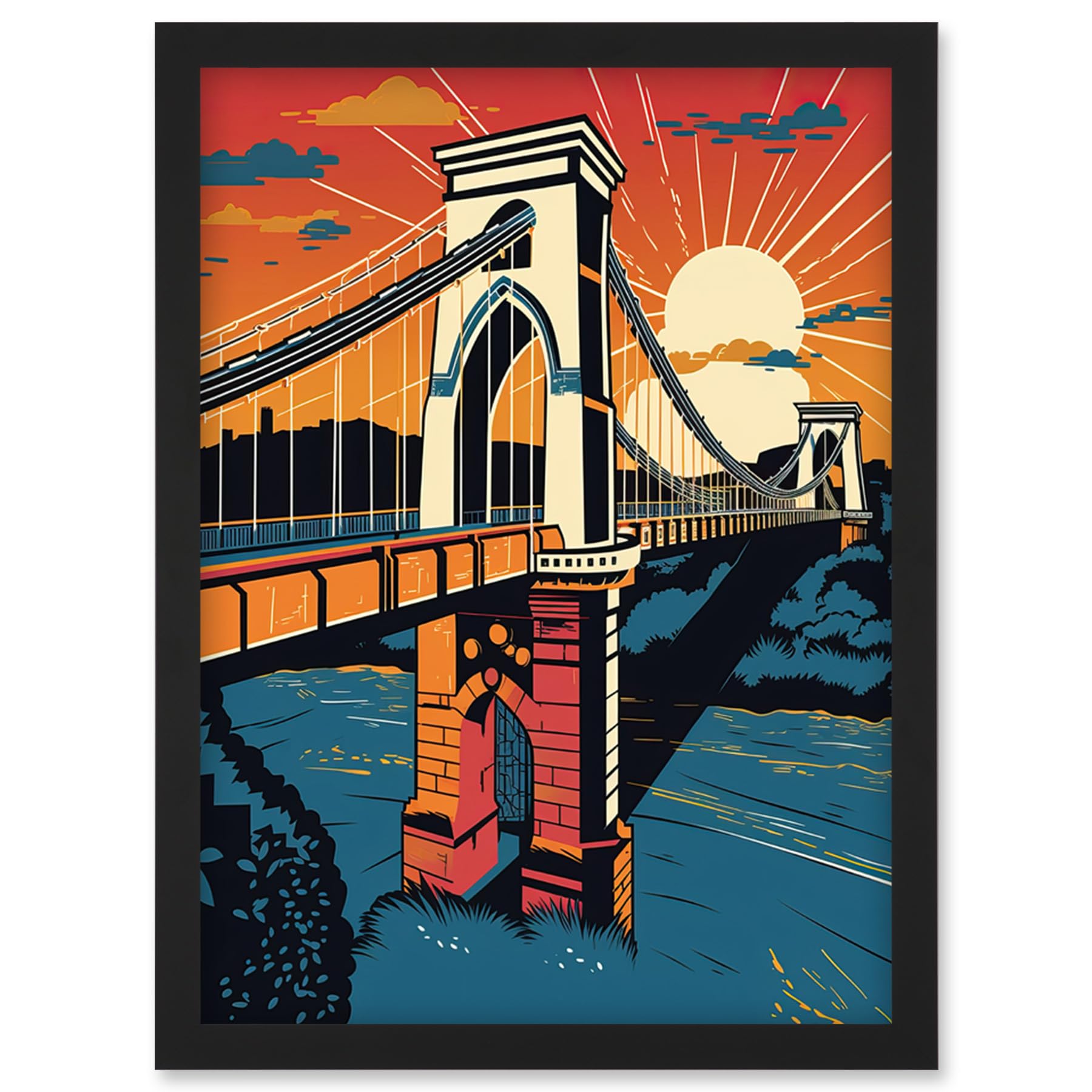 Artery8 Clifton Suspension Bridge Sunset Modern Pop Art Artwork Framed Wall Art Print A4