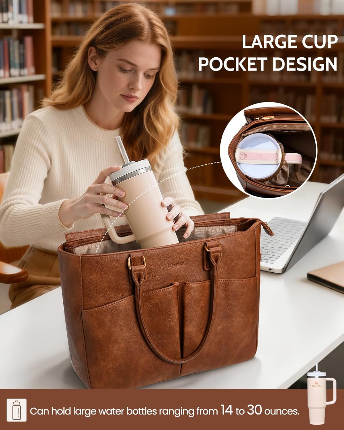 Lifeamar Laptop Tote Bag for Women Leather Work Bags, Large Teacher Bag Capacity With Large Cup Holder for Women, Nurse Brown 15.6inch