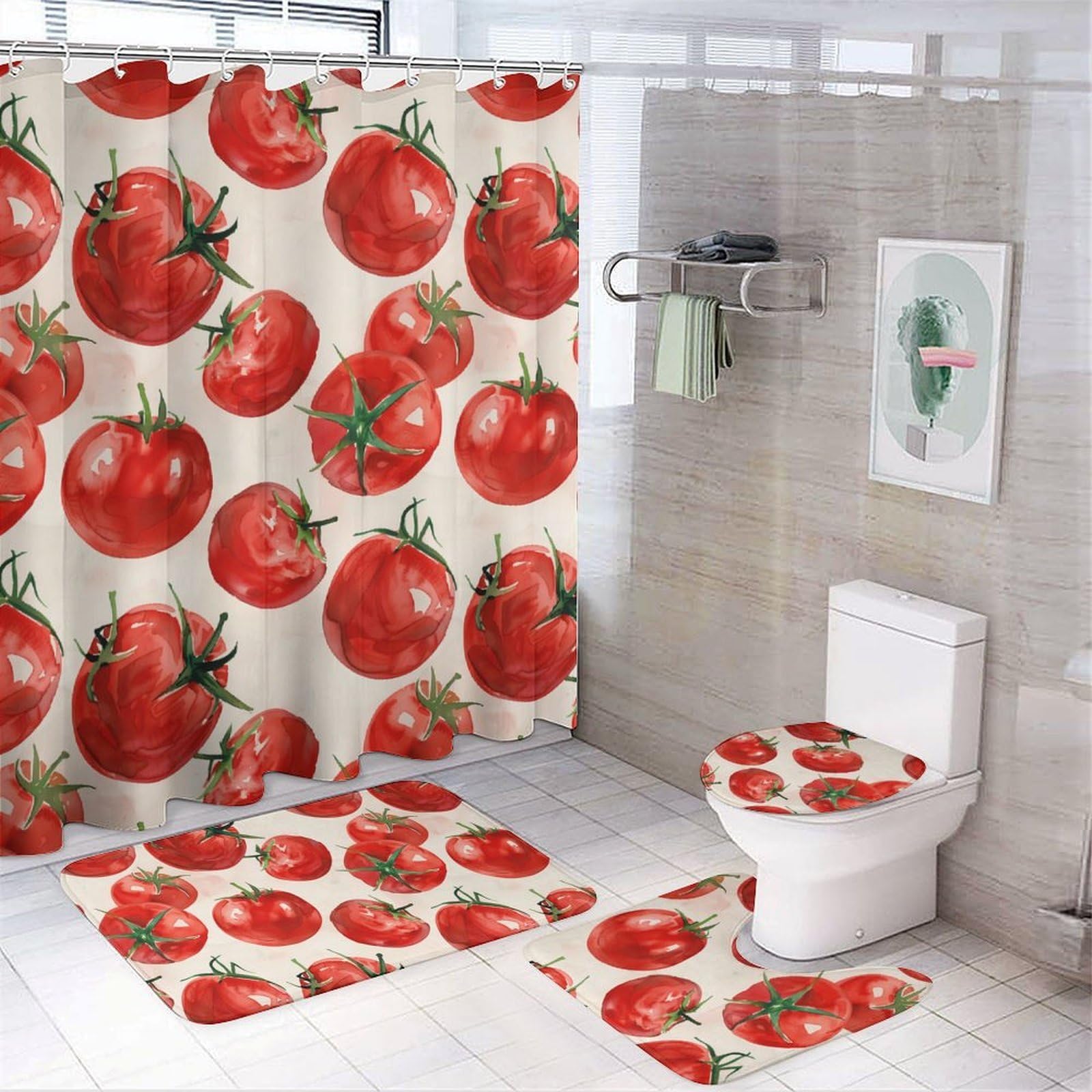 CGSBNGHA Tomatoes Watercolor Shower Curtain Set 4 Piece Bathroom Sets with Rugs Toilet Lid Cover And U-Shaped Floor Mat