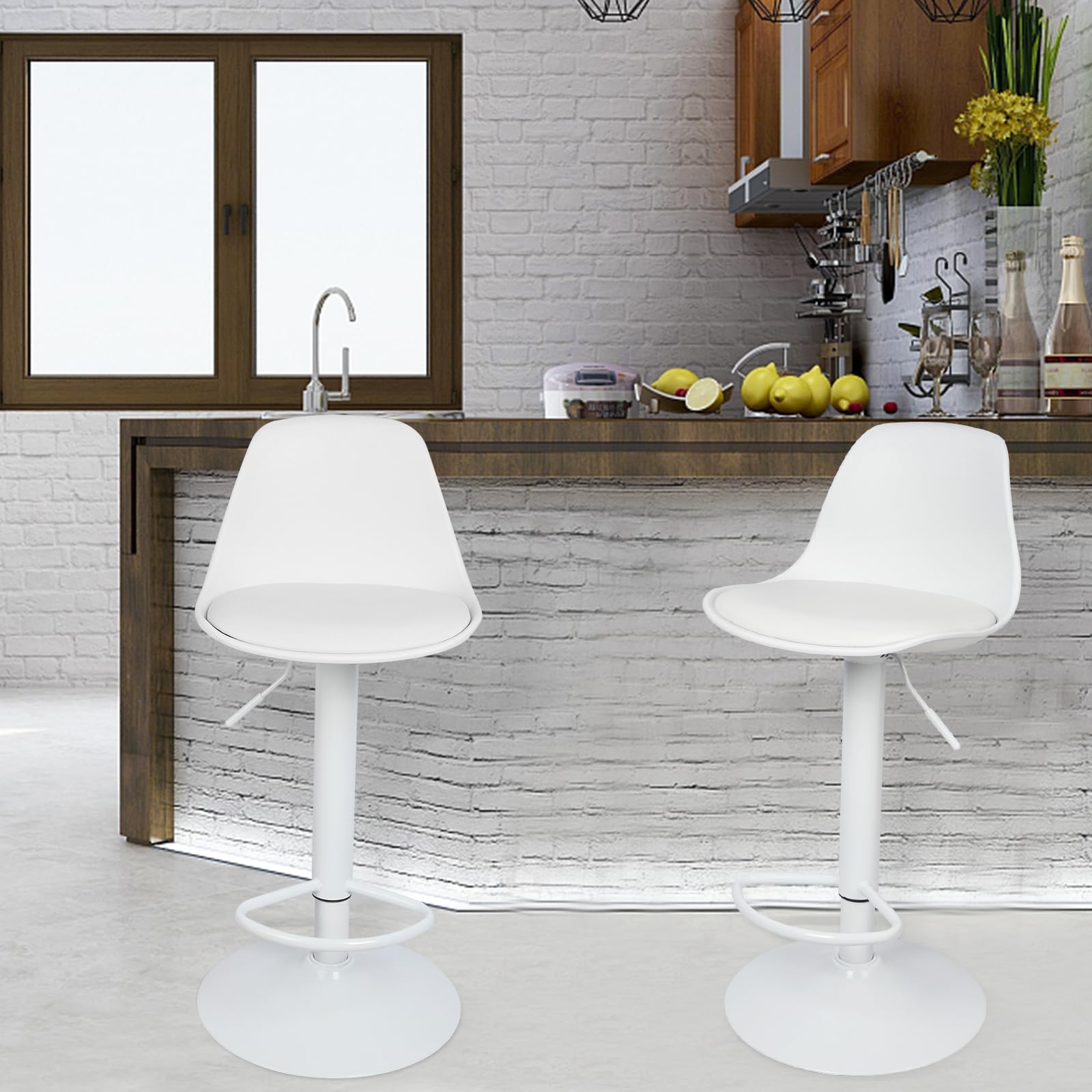 Tabouret Bar Lot de 2 Chaise de Bar Tabouret de Comptoir avec Dossier, Tabouret de Bar en Cuir synthétique,Réglable en Hauteur, Pivotant à 360°,Hauteur d'Assise 55-75cm (Blanc- 2pcs)