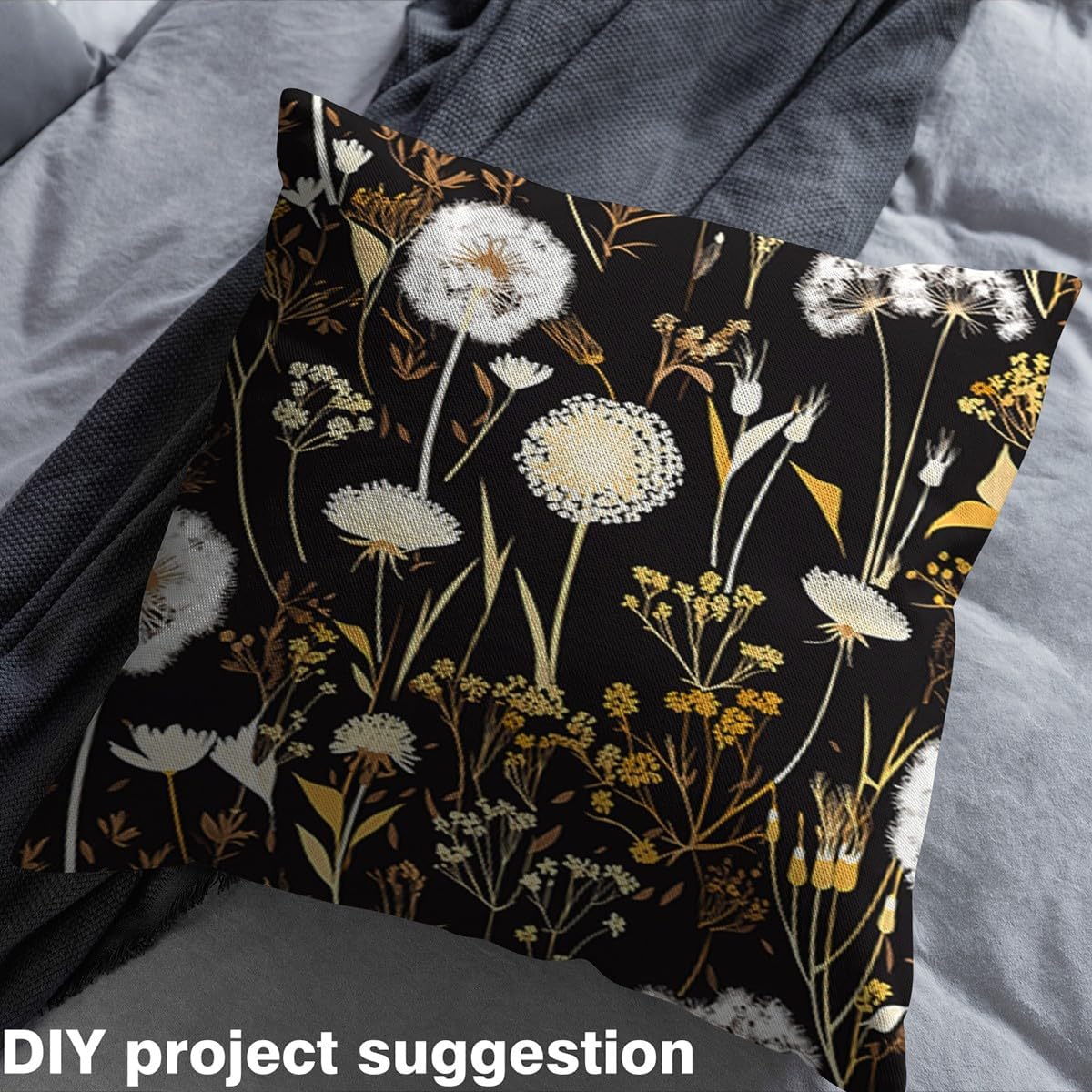 Feelyou Dandelion Fabric by The Yard 10 Yards Floral Botanical Upholstery Fabric Garden Flower Natural Theme Black for Home DIY Projects, Waterproof Indoor Outdoor Decor