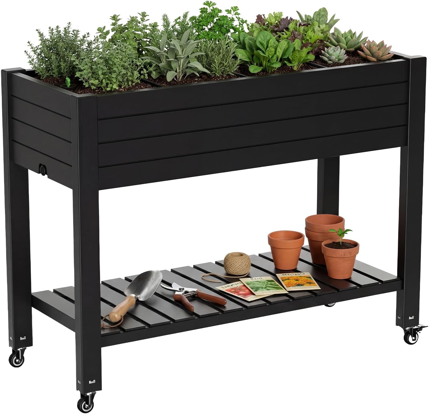Large Elevated Raised Garden Bed with Legs,Outdoor Planter Box with Storage Shelf Drain Plug Water & Monitor for Backyard,Patio,Balcony(Black