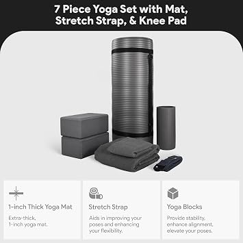 BalanceFrom 7-Piece Yoga Set with 71x24x0.5 Inches Extra Thick Mat and Carrying Sling Includes 2 Blocks, Stretch Strap, 2 Towels, and Knee Pad for Home, Studio, and Gym Workouts